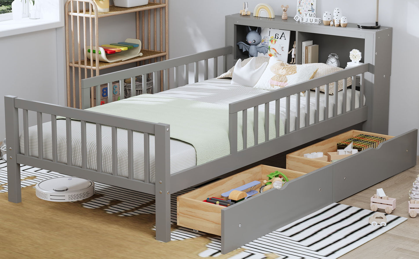 Twin Size Bed With Headboard Storage Rack, 2 Under Bed Drawers, 3 - Side Guardrails For Safety And Security - Gray