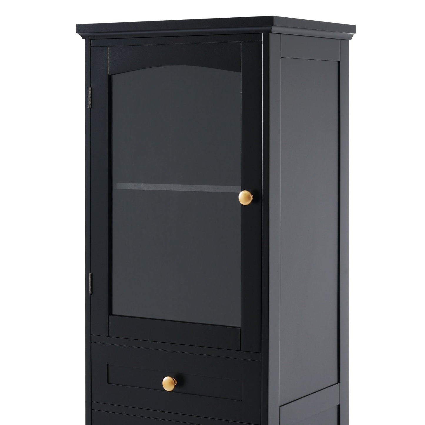 Tall Bathroom Storage Cabinet With Glass Doors, Free-Standing, Two Drawers, And Adjustable Shelves, MDF Board, Painted Perfect For Displaying Your Favorite Items - Black