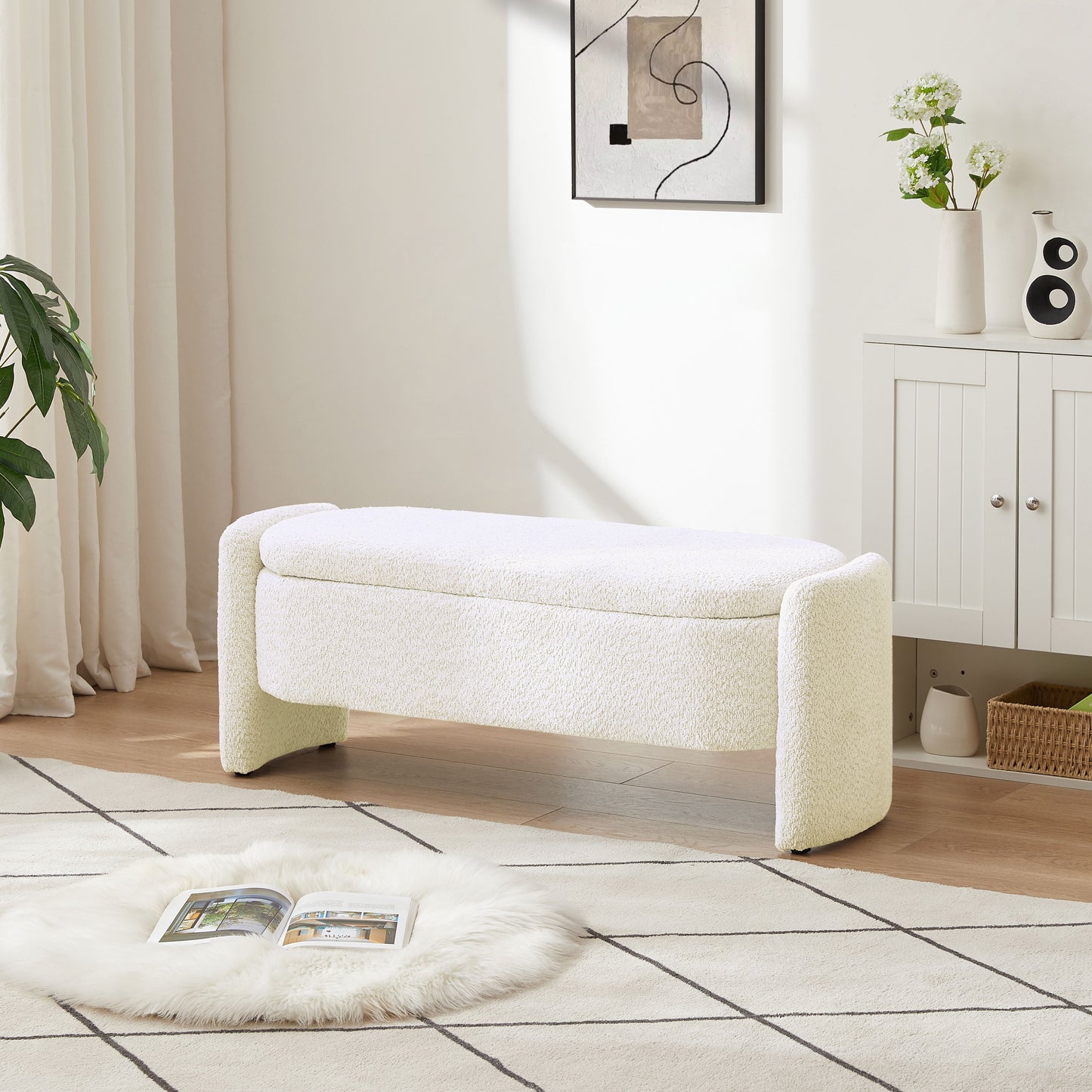 Ottoman Oval Storage Bench, 3D Lamb Fleece Bench With Large Storage Space For The Living Room, Entryway And Bedroom - Cream White