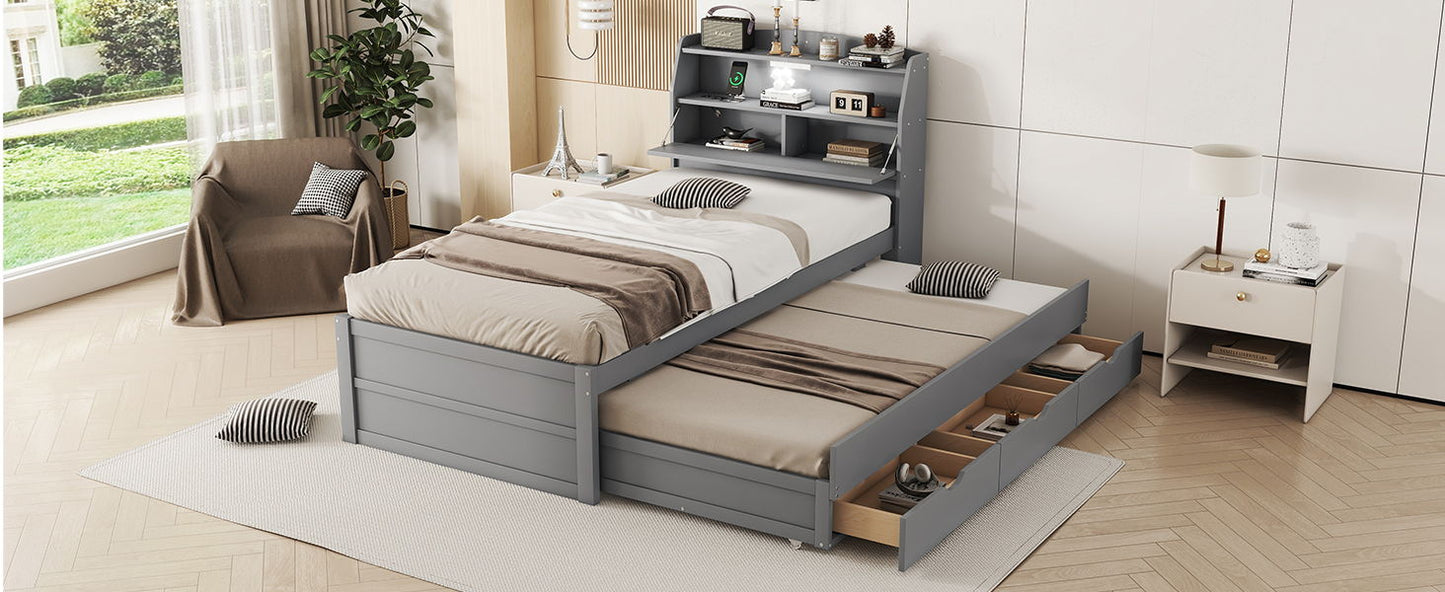 Twin Size LED Platform Bed With Trundle With Storage Headboard With Drawers - Gray