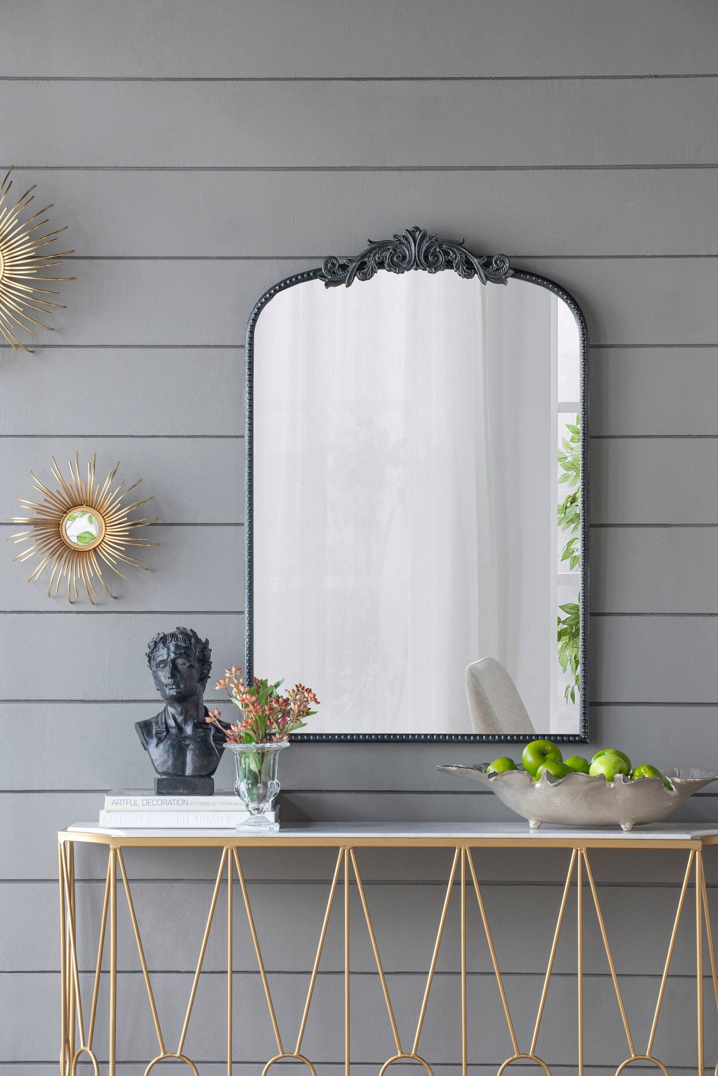 Classic Design Mirror With And Baroque Inspired Frame For Bathroom, Entryway Console Lean Against Wall - Black