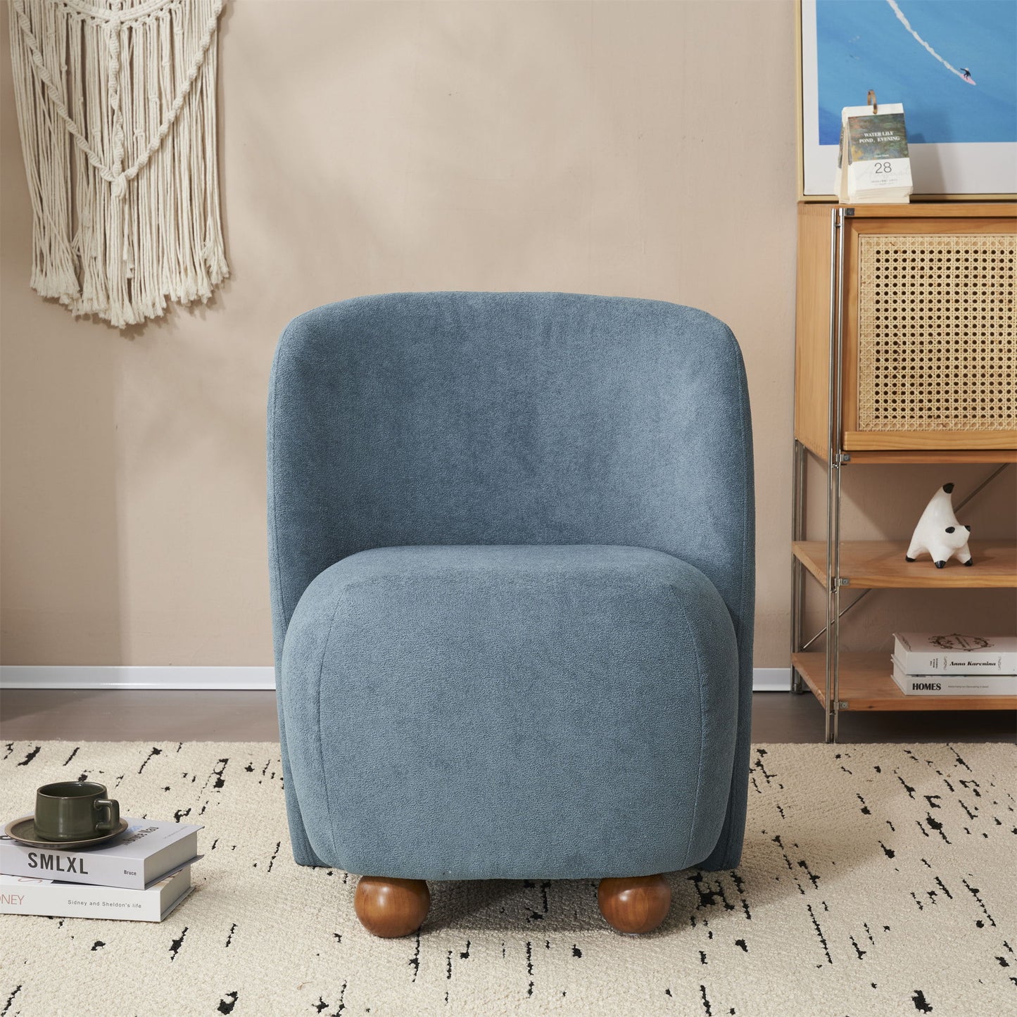 Modern Low Back Accent Chair, Upholstered Armless Living Room Chairs, Round Pine Wood Feet, For Small Living Spaces, Living Room - Blue