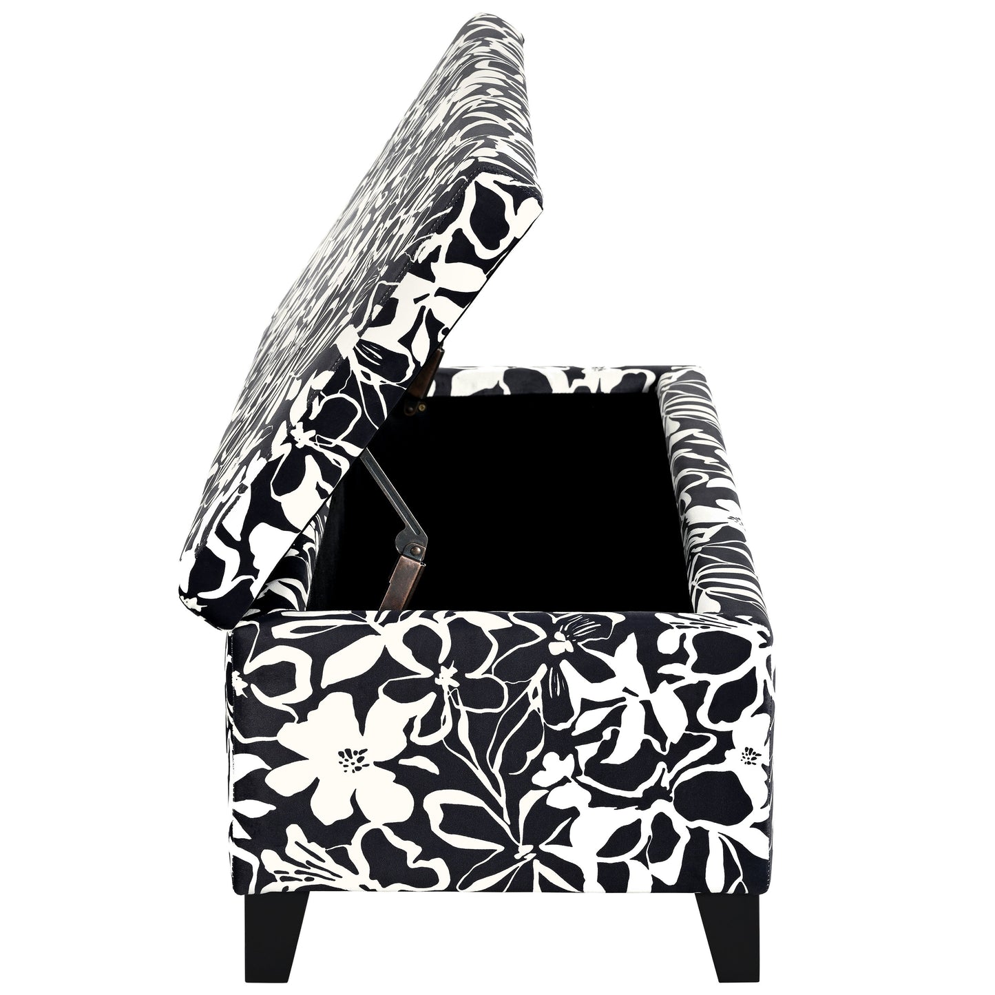 Luxury Storage Ottoman With Floral Patterned Fabric, Soft Close Hinges, Multi Functional Footrest & Seat - Black Floral / White