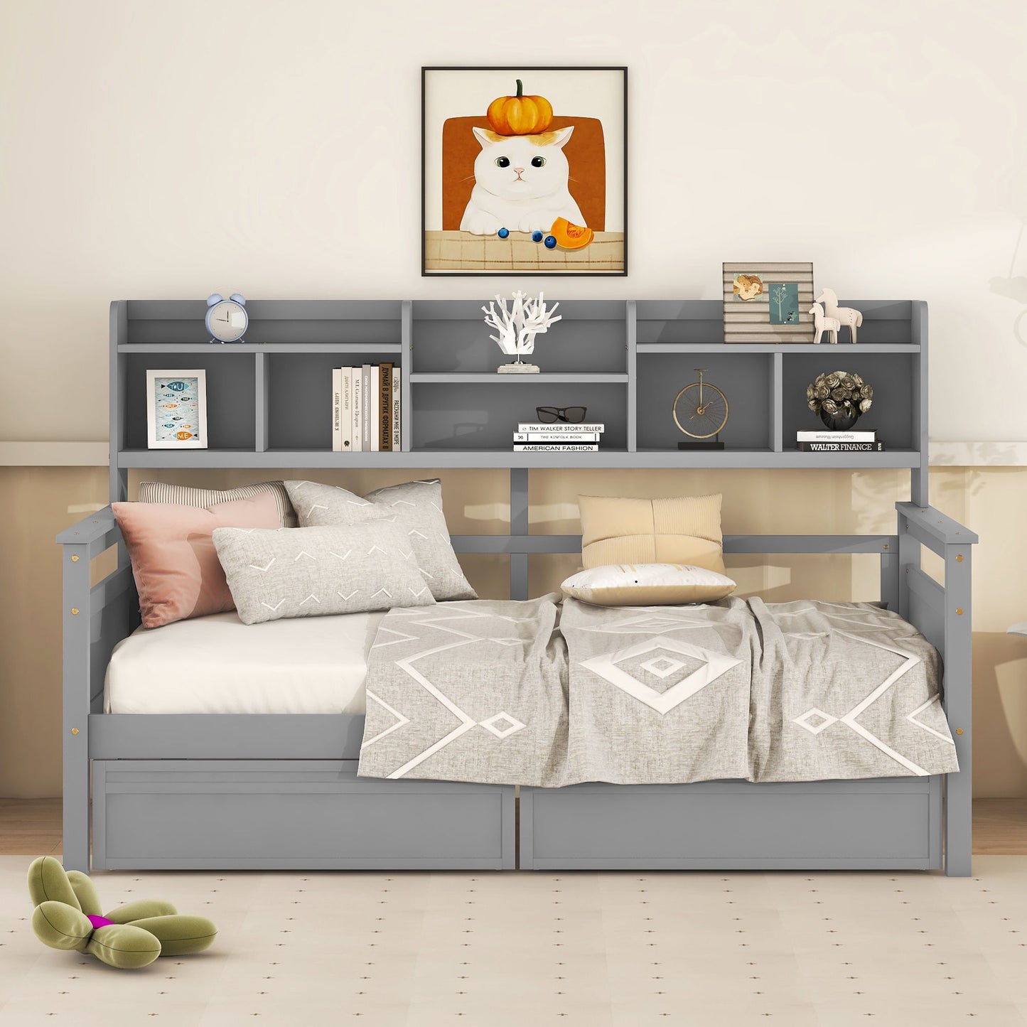 Twin Size Daybed, Slat Support, With Bedside Shelves And 2 Drawers - Gray