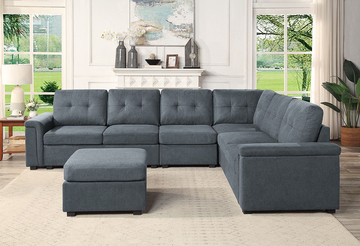 Isla - Woven Fabric 7 Seater Sectional Sofa, Ottoman - Gray