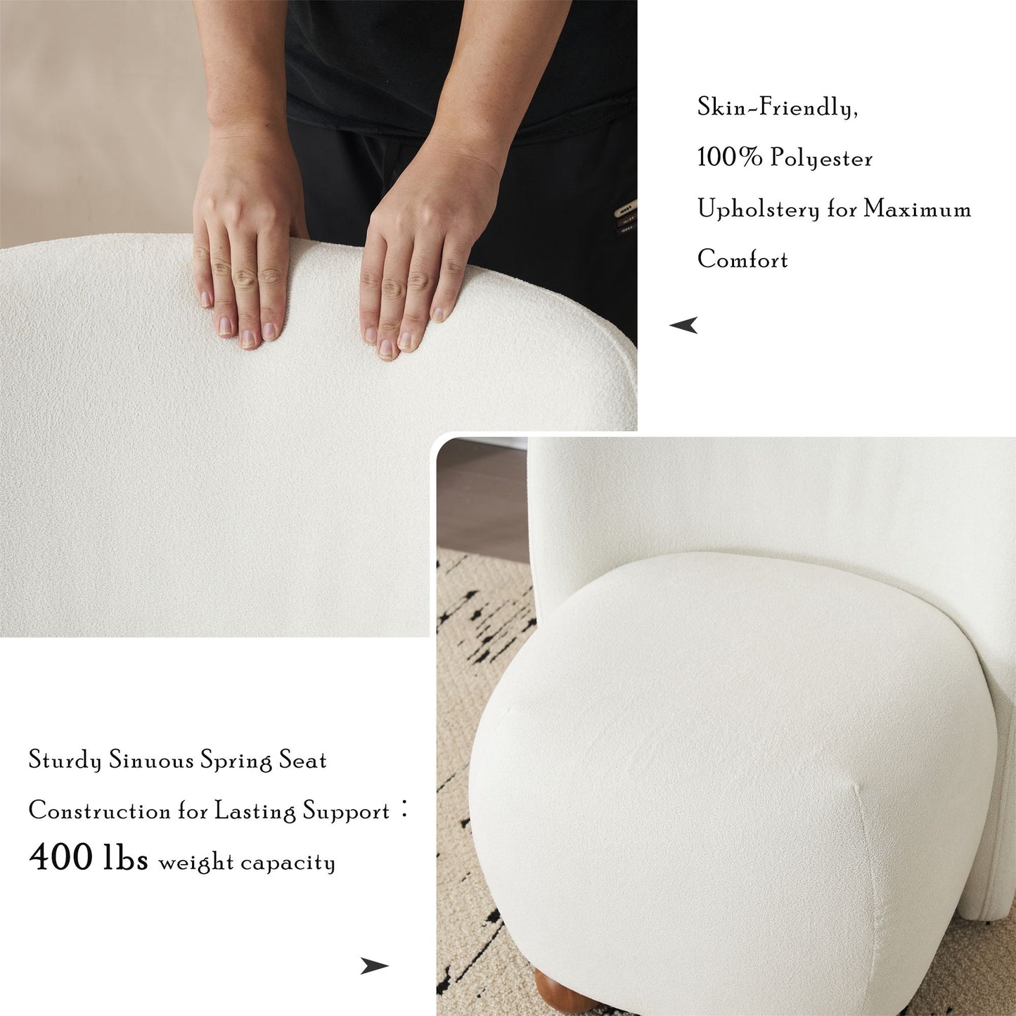 Modern Low Back Accent Chair, Upholstered Armless Living Room Chairs, Round Pine Wood Feet, For Small Living Spaces, Living Room - White
