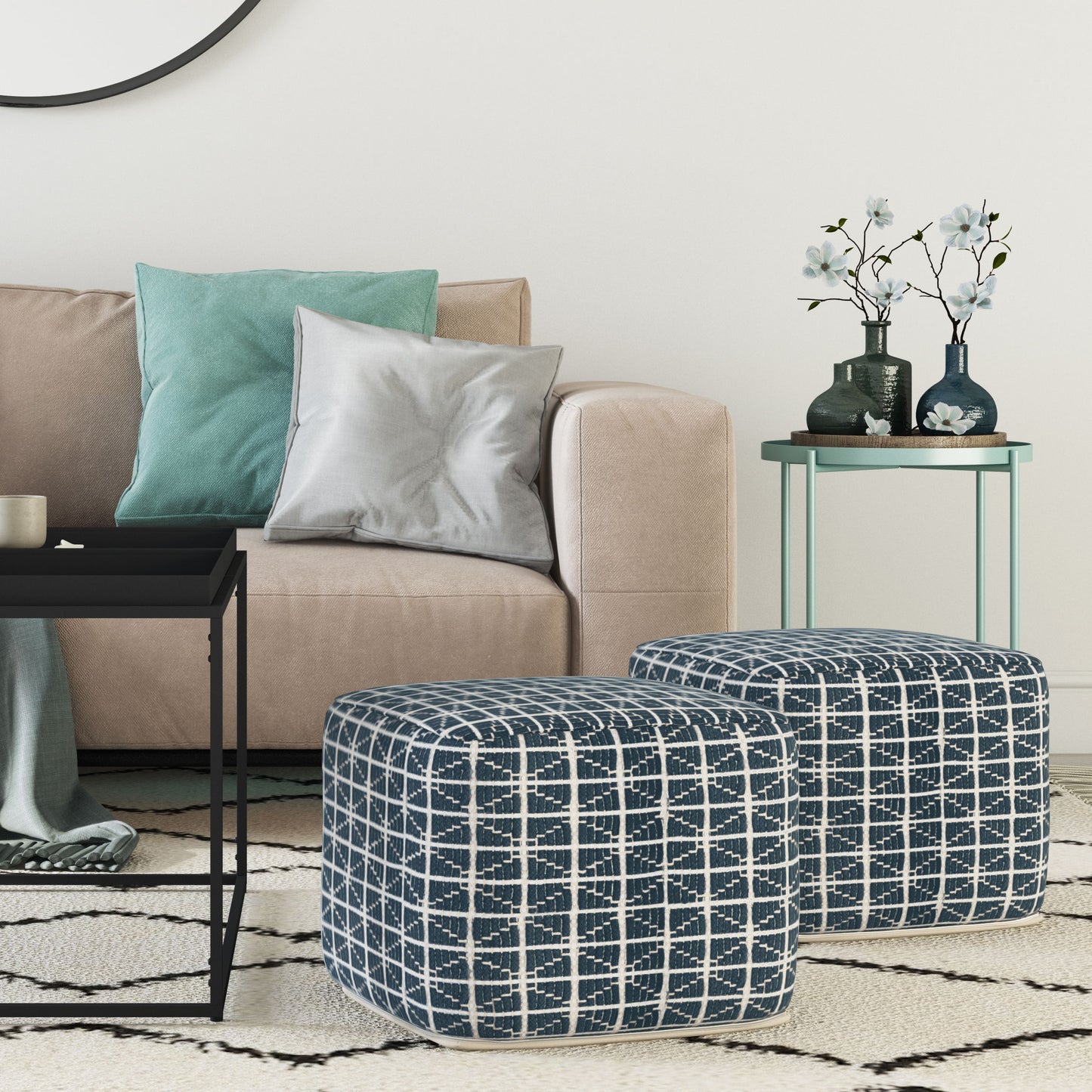 Noreen - Square Pouf - Dark Blue / White