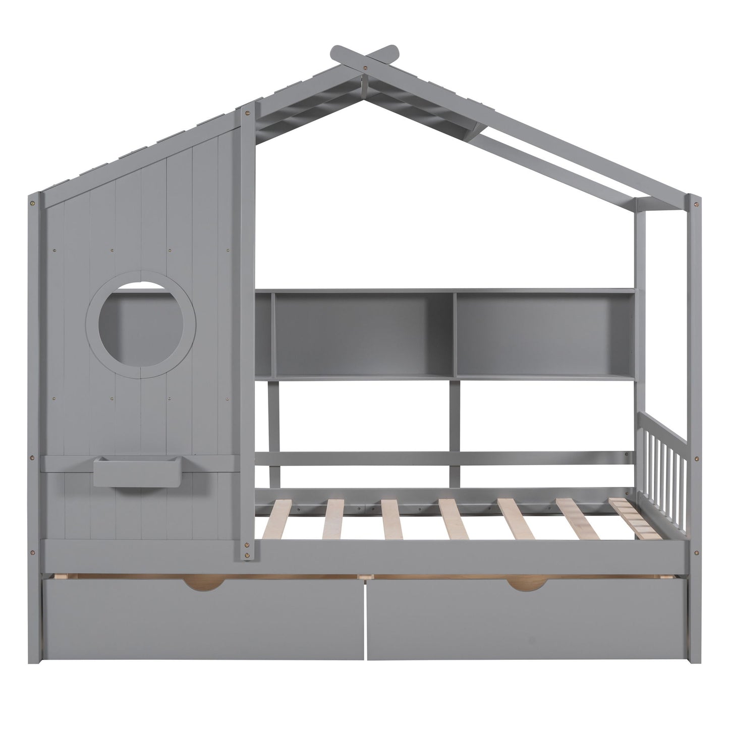 Twin Size House Bed With 2 Drawers, Kids Bed With Storage Shelf - Gray