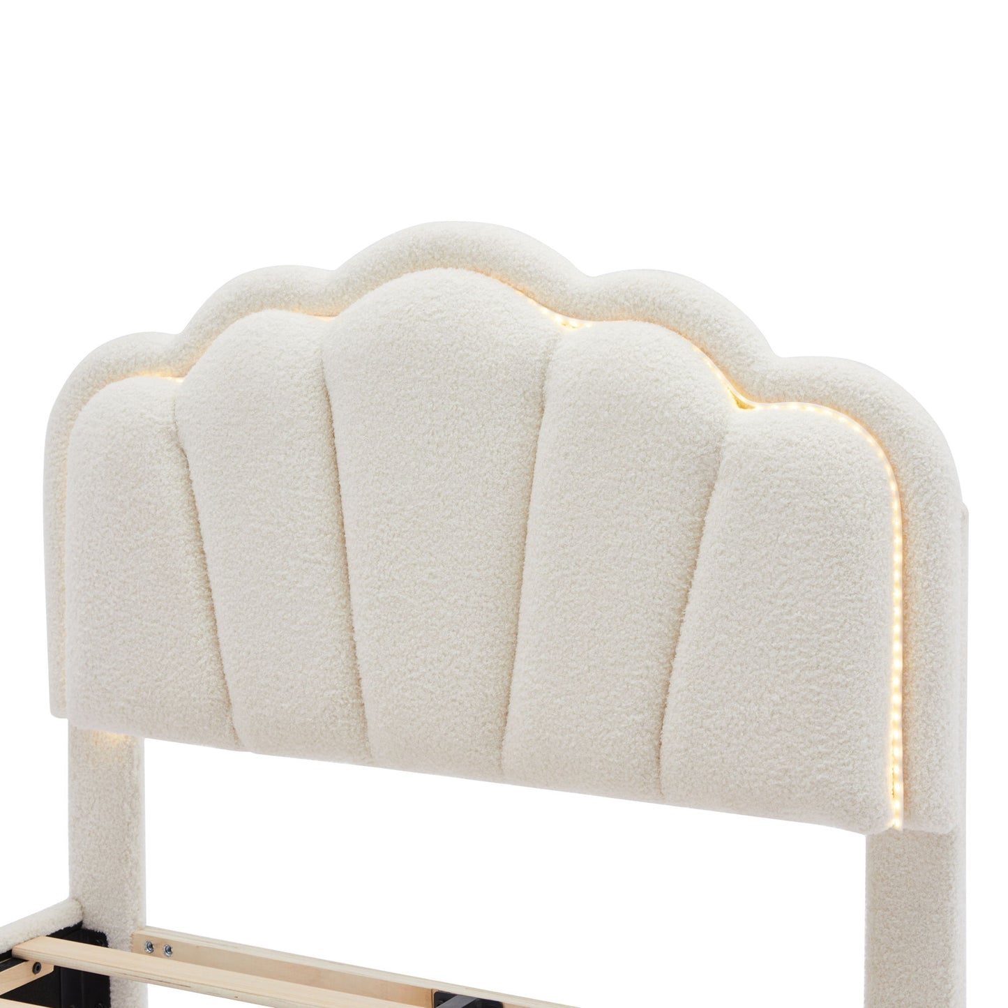Twin Size Upholstered Flower-Shape Bed, Elegant Flowers Headboard With LED Light Strip, Sherpa Fabric Platform Bed With Slats Support - White
