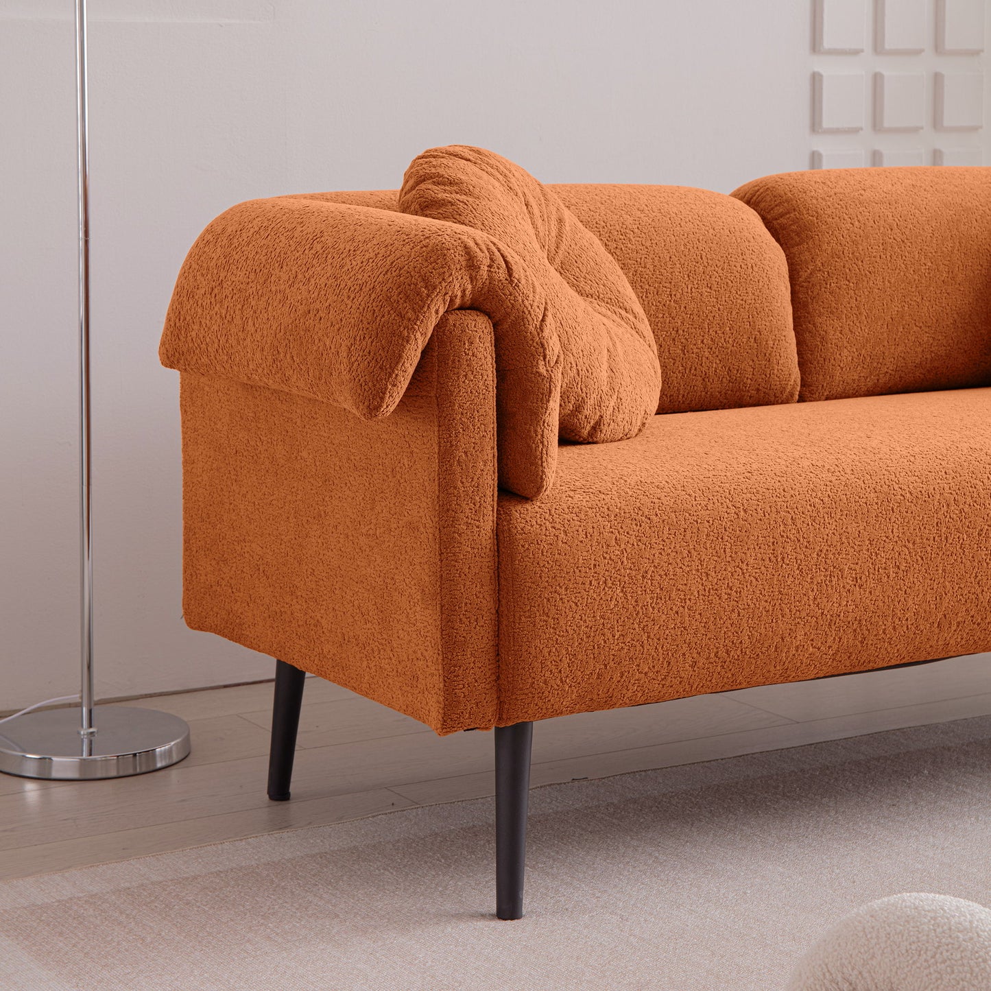 Modern Lamb Wool Sofa With Decorative Throw Pillows For Small Spaces - Orange