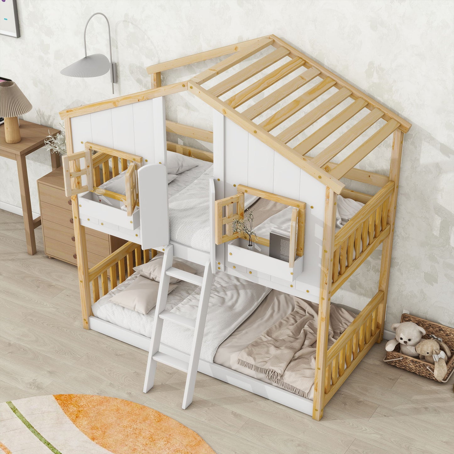 Twin Over Twin House Bunk Bed With Roof, Window, Window Box, Door, With Safety Guardrails And Ladder - Natural / White