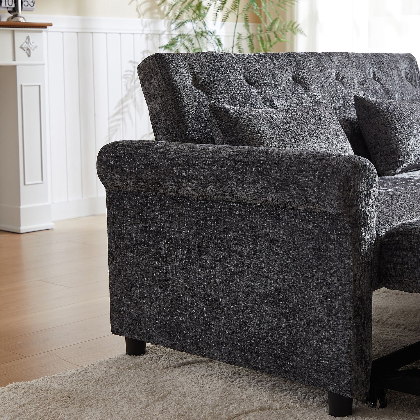 3 In 1 Loveseat Sofa Bed Chenille Fabric Pull Out Couch Sleeper Full Back Frame, Seat Frame, Armrests & 2 Pillows - Dark Gray