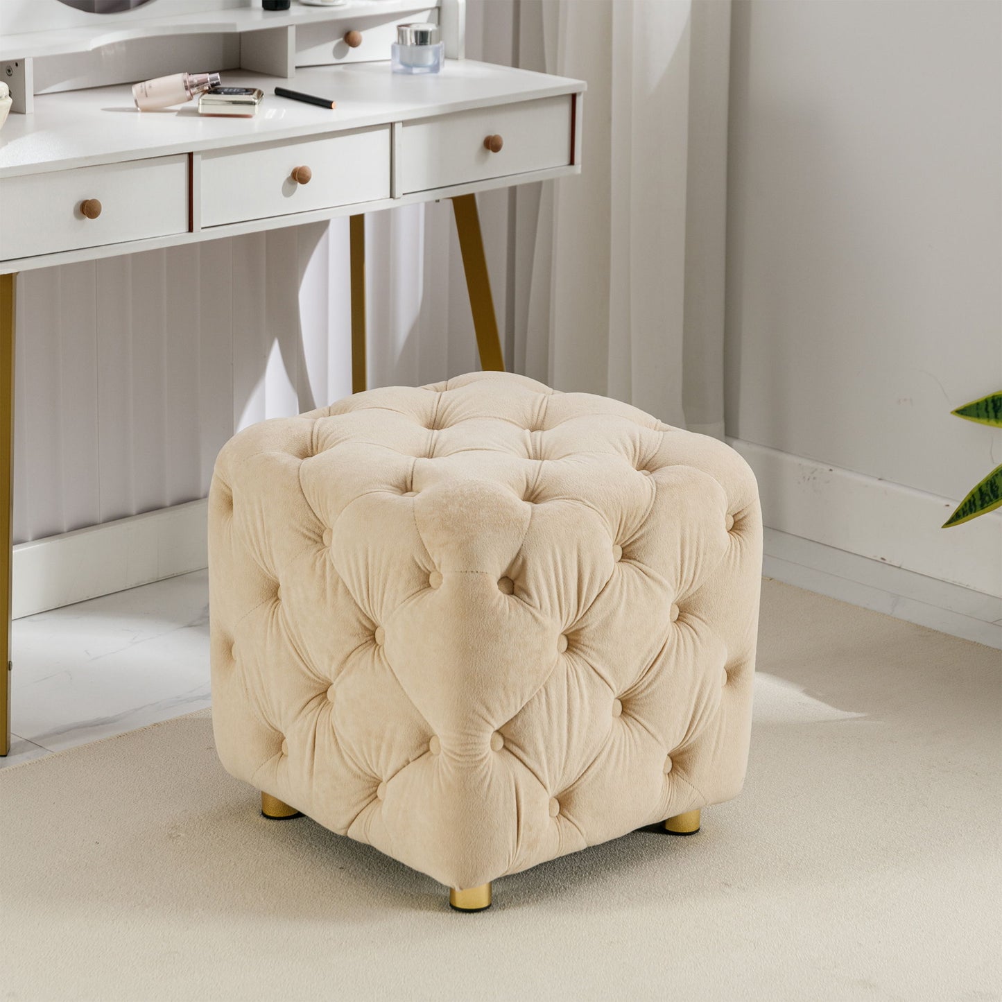 Modern Velvet Upholstered Ottoman, Exquisite Small End Table, Soft Foot Stool, Dressing Makeup Chair, Comfortable Seat For Living Room, Bedroom, Entrance - Beige