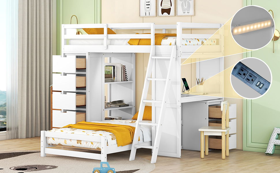 Twin Over Twin Bunk Bed With LED Light And USB Ports - White