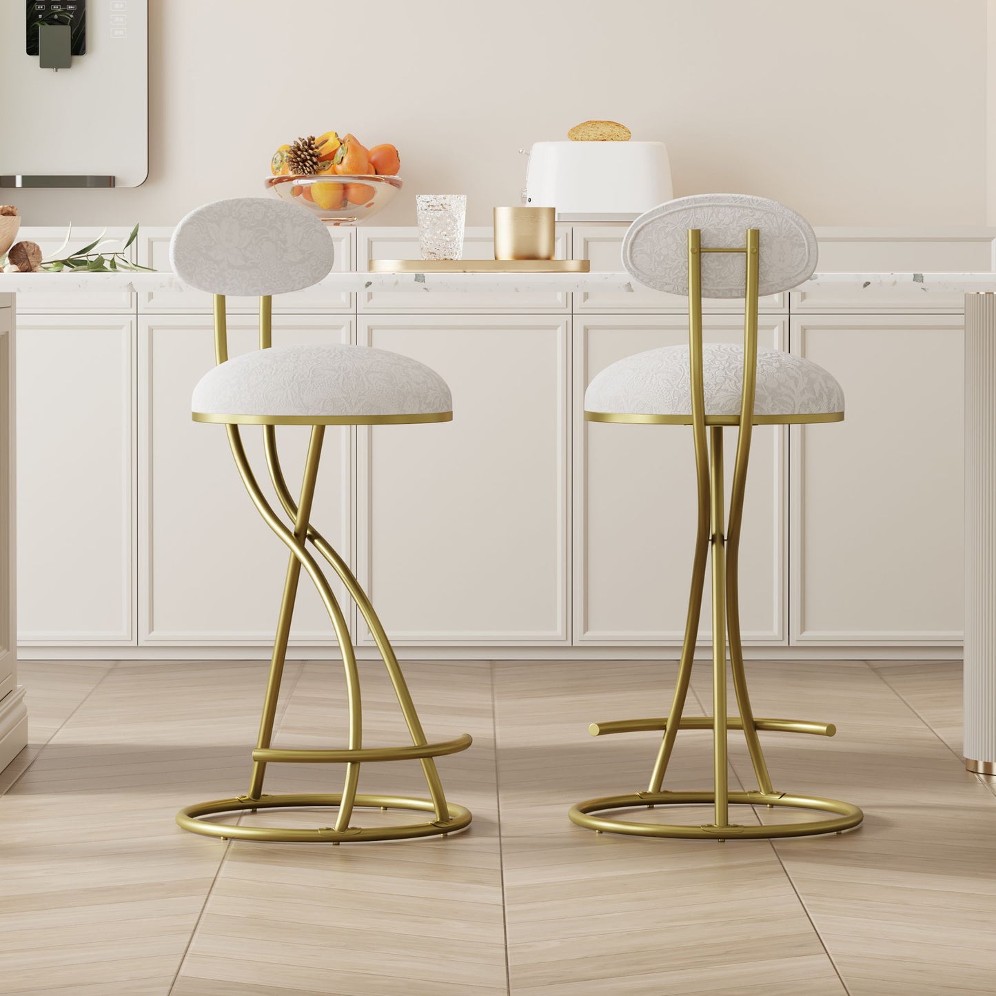 Modern S Shaped Bar Stools (Set of 2) With Backrest Floral Print Upholstered Dining Chairs Counter Height For Kitchen Island - Gold & White Print