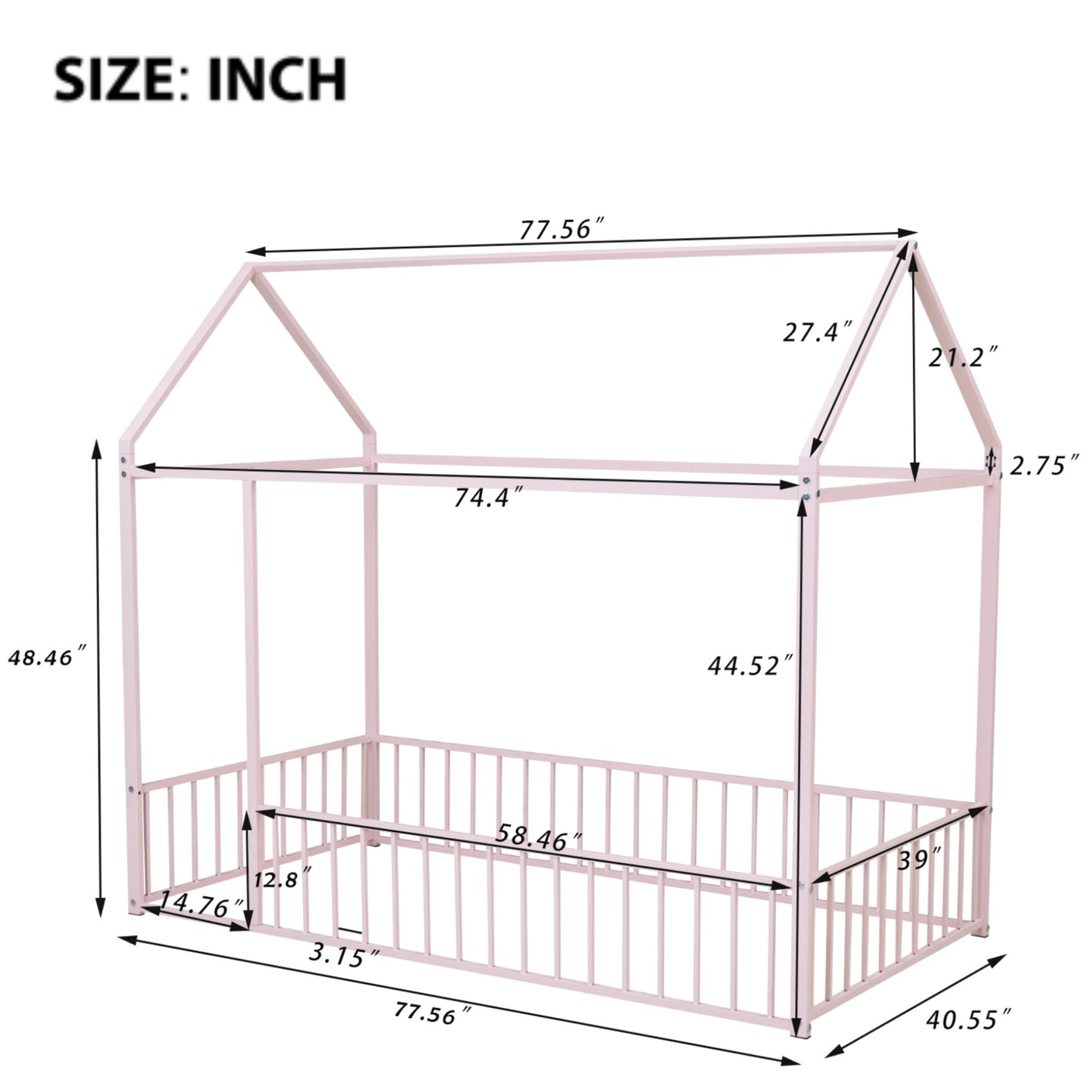 Twin Size Bed House Bed Frame With Fence - Pink