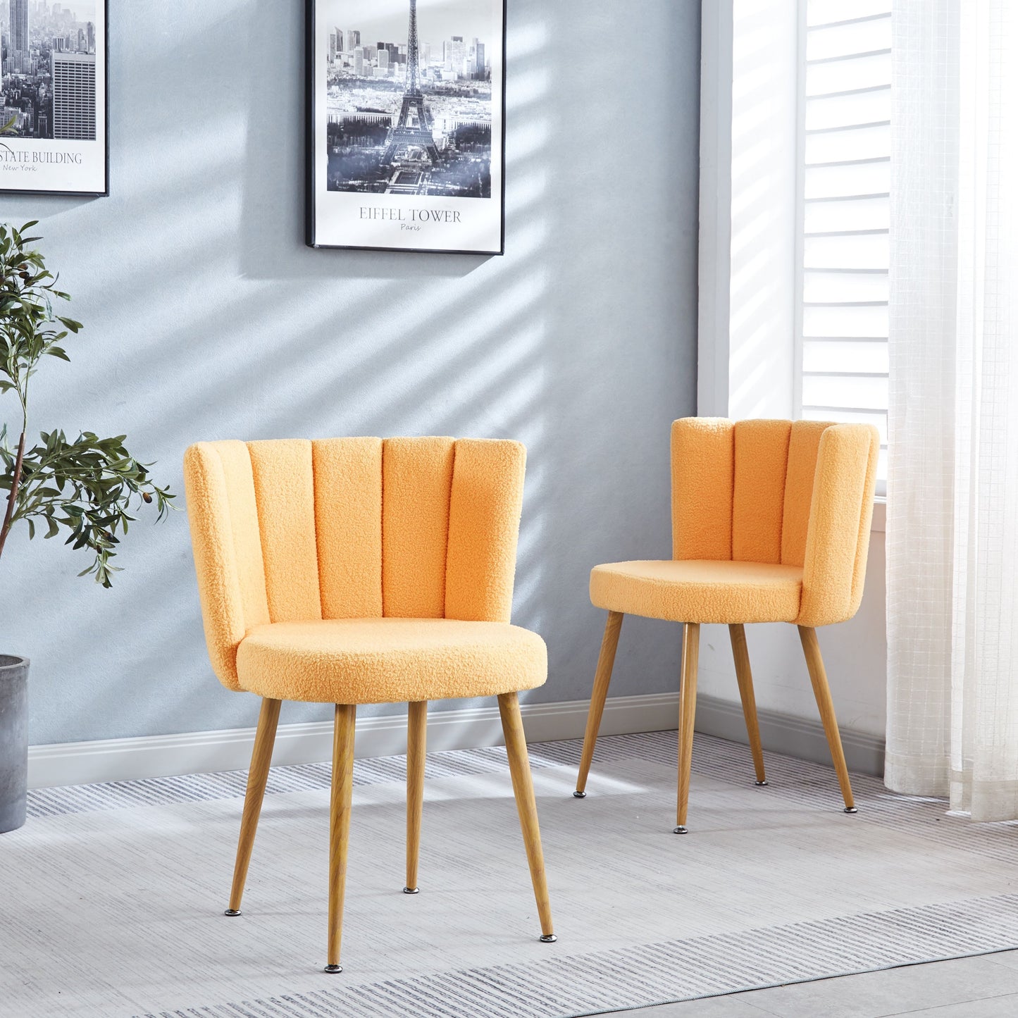 Modern Dining Chair (Set of 2) With Iron Tube Wood Color Legs, Shorthair Cushions And Comfortable Backrest, Suitable For Dining Room, Living Room, Cafe, Simple Structure - Yellow