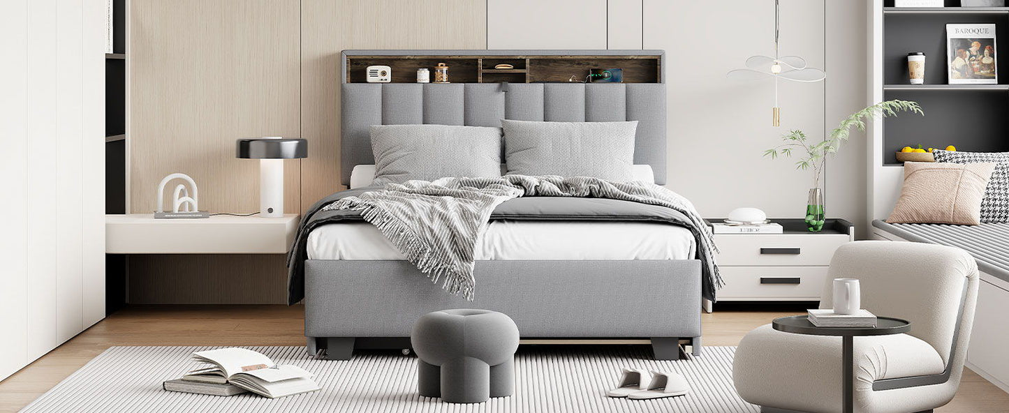 Full Size Upholstered Platform Bed With Storage Headboard, Twin Size Trundle & 2 Drawers And A Set Of Sockets & USB Ports - Gray