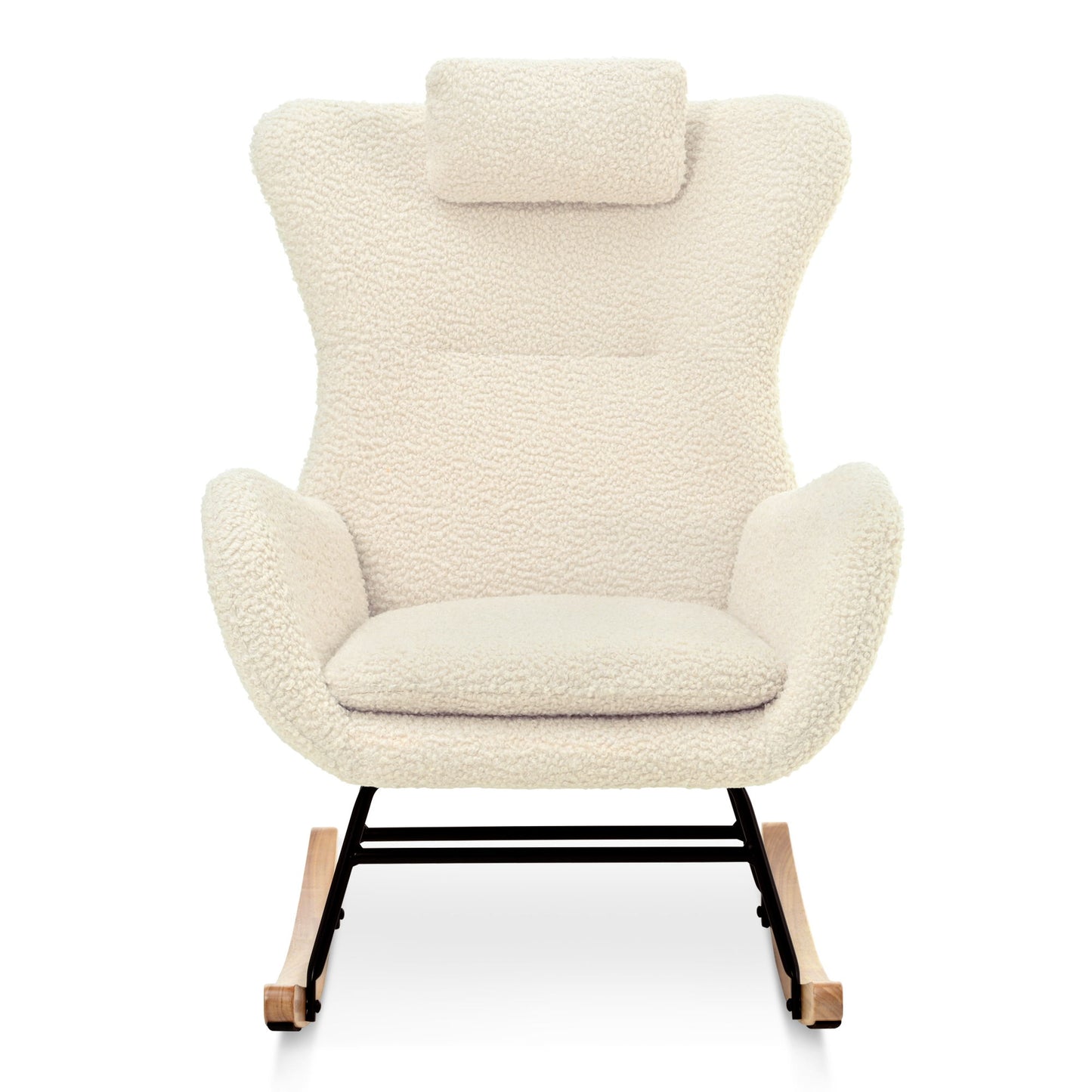 Rocking Chair Nursery, Teddy Upholstered Rocker Glider Chair With High Backrest, Adjustable Headrest & Pocket, Comfy Glider Chair For Nursery, Bedroom, Living Room, Offices, Rubber Wood - Beige