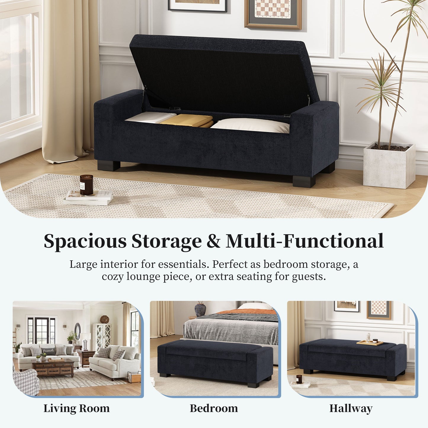 Textured Fabric Ottoman Bench With Hinged Lid - Dark Blue
