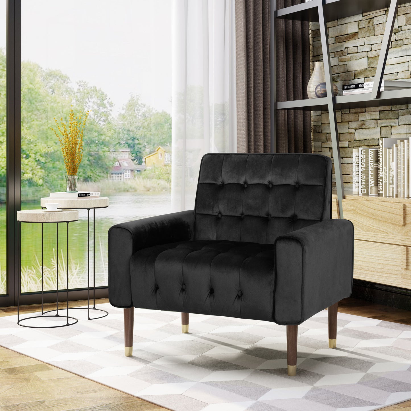 Comfy Arm Chair With Tufted Back, Modern For Living Room, Bedroom And Study - Black