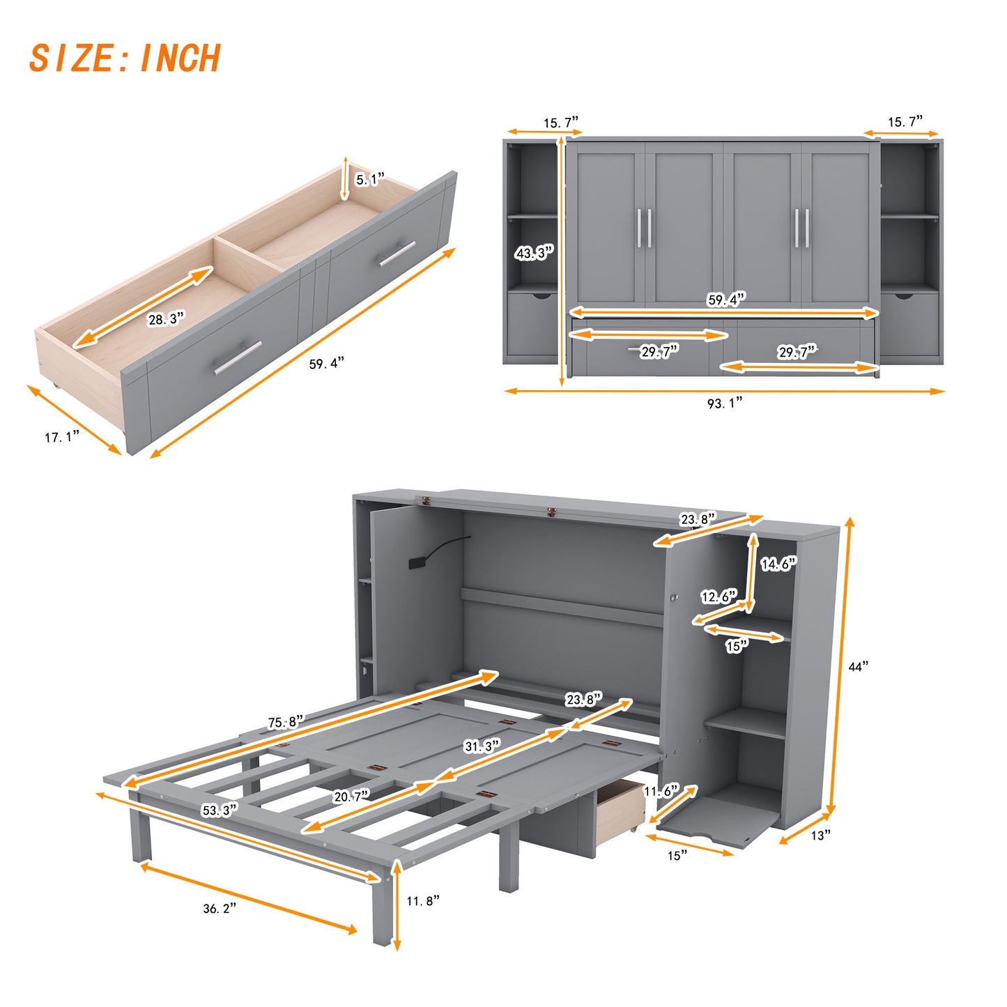 Full Size Murphy Bed With Shelves, Drawers And USB Ports - Gray