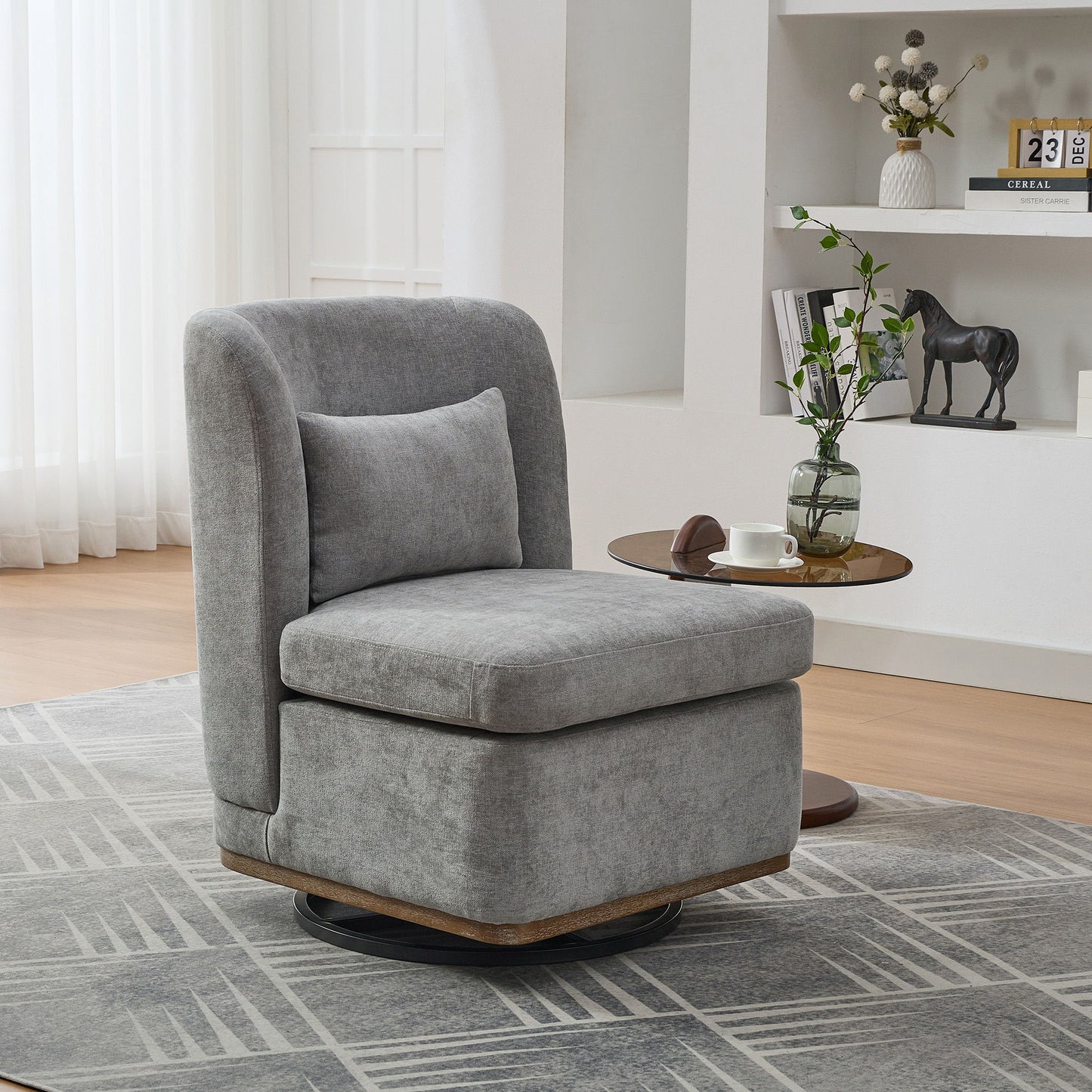 Modern Cushioned Armless Metal Base 360 Degree Swivel Chair With Pillow, Suitable For Living Room, Family Room, Bedroom, Lounge Area, Office - Gray