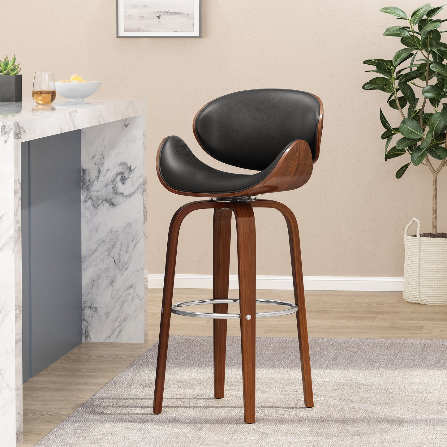 Lumos - Mid Century Modern Upholstered Swivel Barstool - Walnut / Black