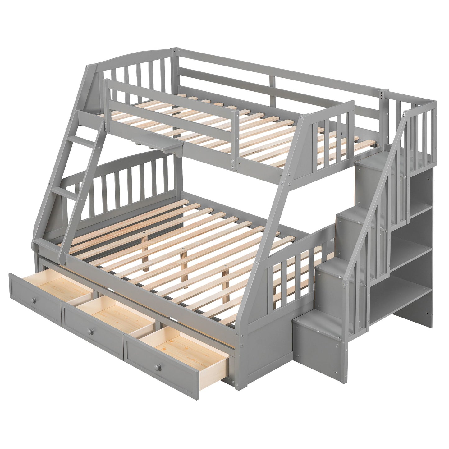 Twin Over Full Bunk Bed With Drawers, Ladder And Storage Staircase - Gray