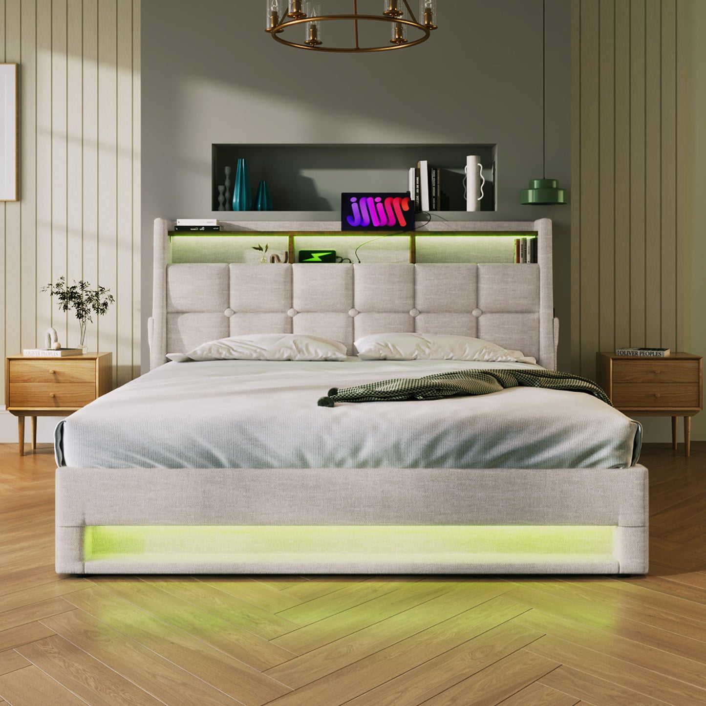 Queen Size Upholstered Platform Bed With A Hydraulic Storage System, LED And USB Charging (Without Mattress) - Natural