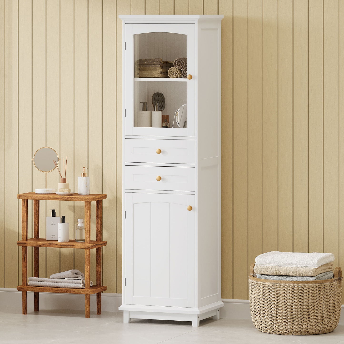 Tall Bathroom Storage Cabinet With Glass Doors, Free-Standing, Two Drawers, And Adjustable Shelves, MDF Board, Painted Perfect For Displaying Your Favorite Items - White