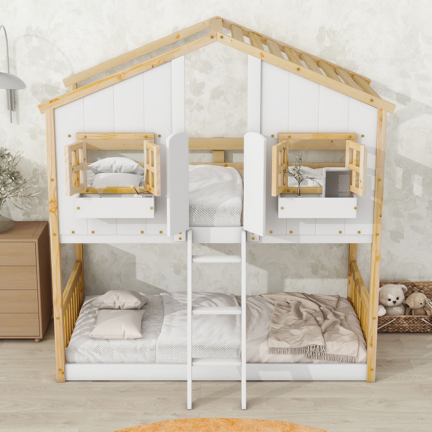 Twin Over Twin House Bunk Bed With Roof, Window, Window Box, Door, With Safety Guardrails And Ladder - Natural / White