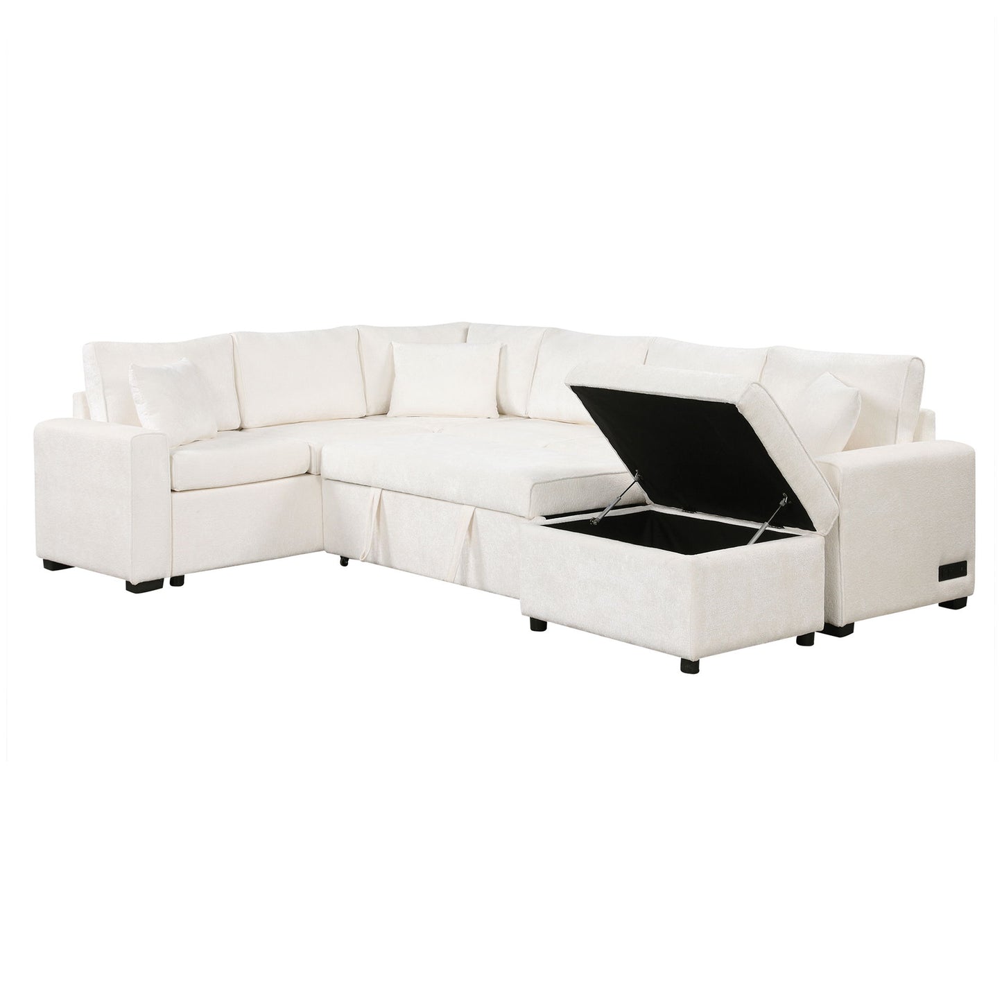 Sectional Sofa Pull-Out Sofa Bed Sleeper With A Storage Ottoman, Three Pillows And Charging Devices For Living Room - Cream