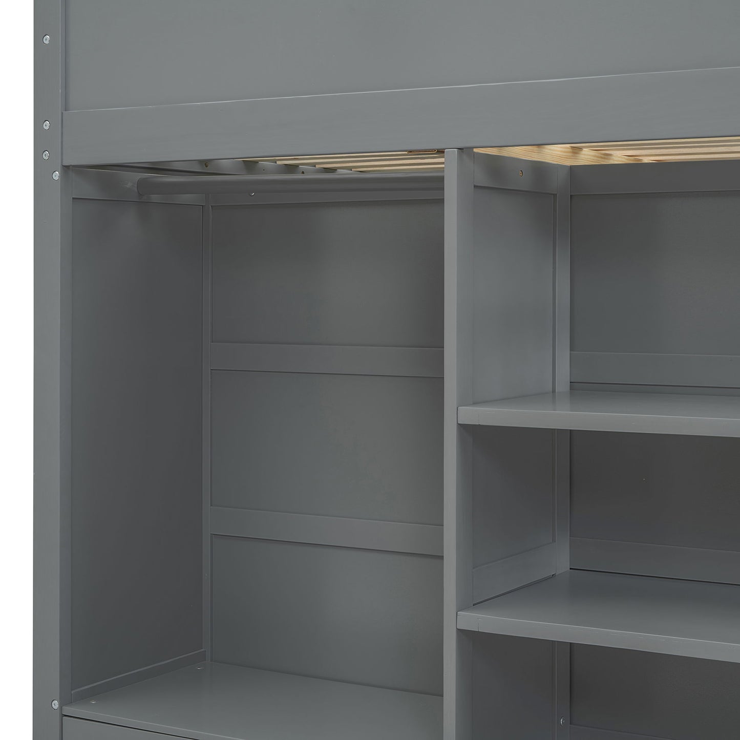 Full Size Loft Bed With Desk, Wardrobes, 4 Drawers And 4 Shelves - Gray