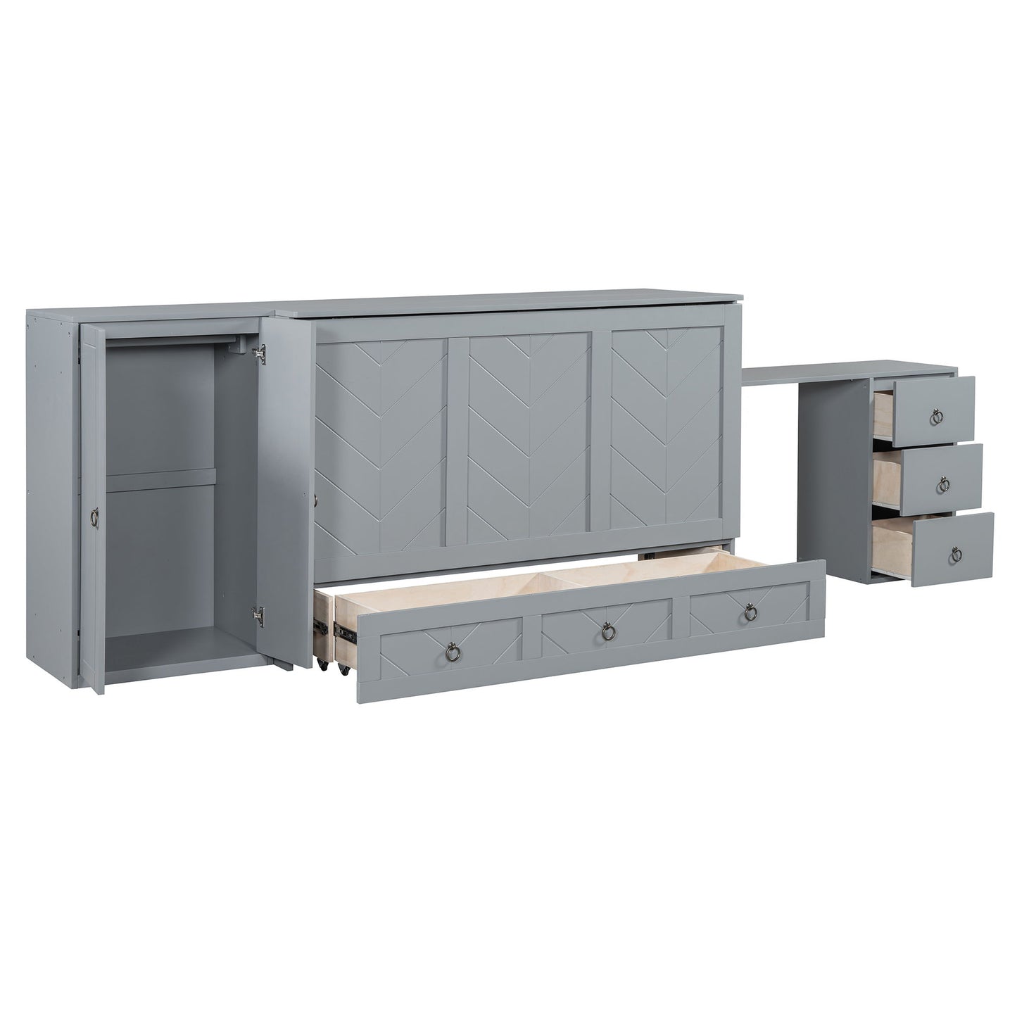Queen Size Murphy Bed With USB Port, Large Drawer, And Wardrobe / Desk Combo Versatile Cabinet Bed - Gray