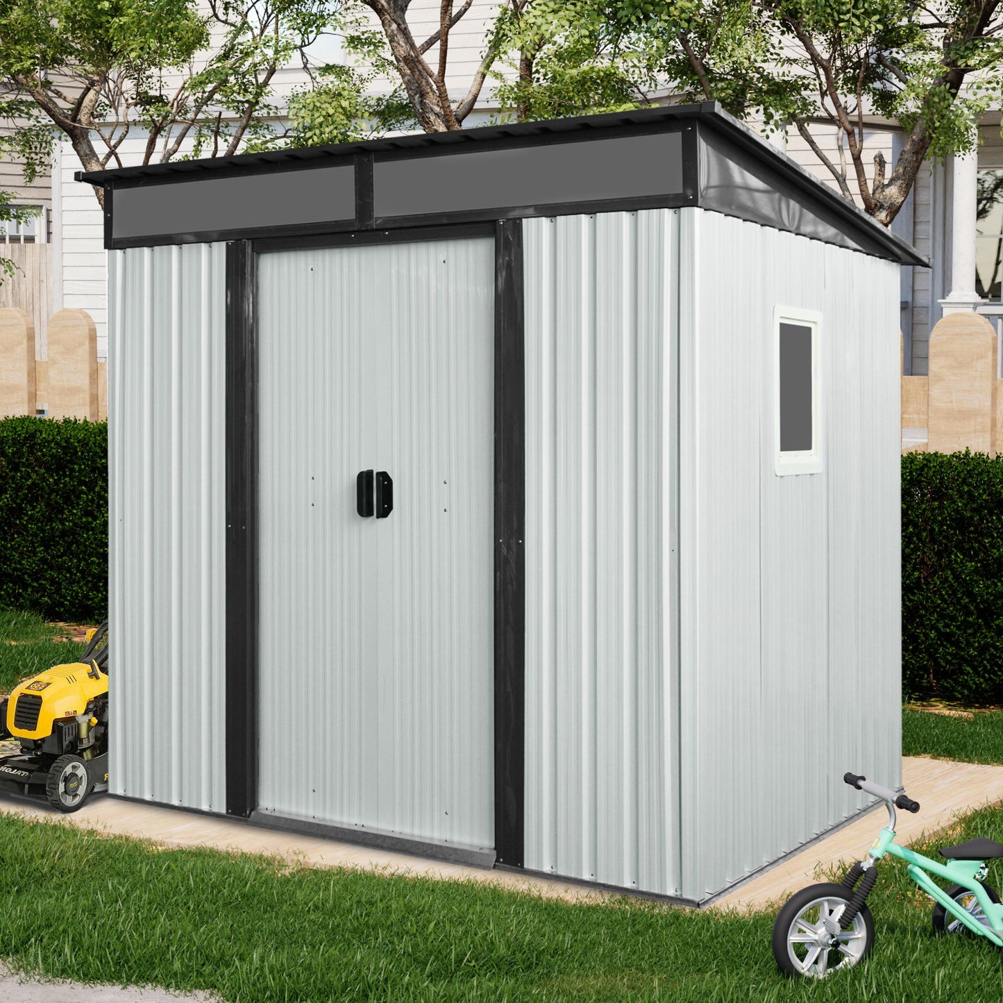 6Ft X 5Ft Outdoor Metal Storage Shed With Window And Transparent Plate For Garden, Lawn - White / Black