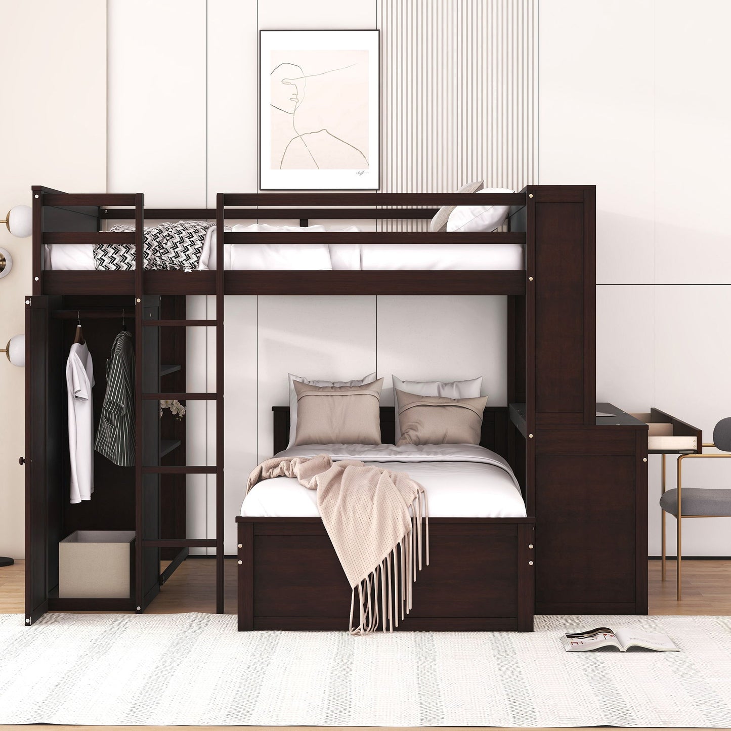 Full Size Loft Bed With A Twin Size Standalone Bed, Shelves, Desk, And Wardrobe - Espresso