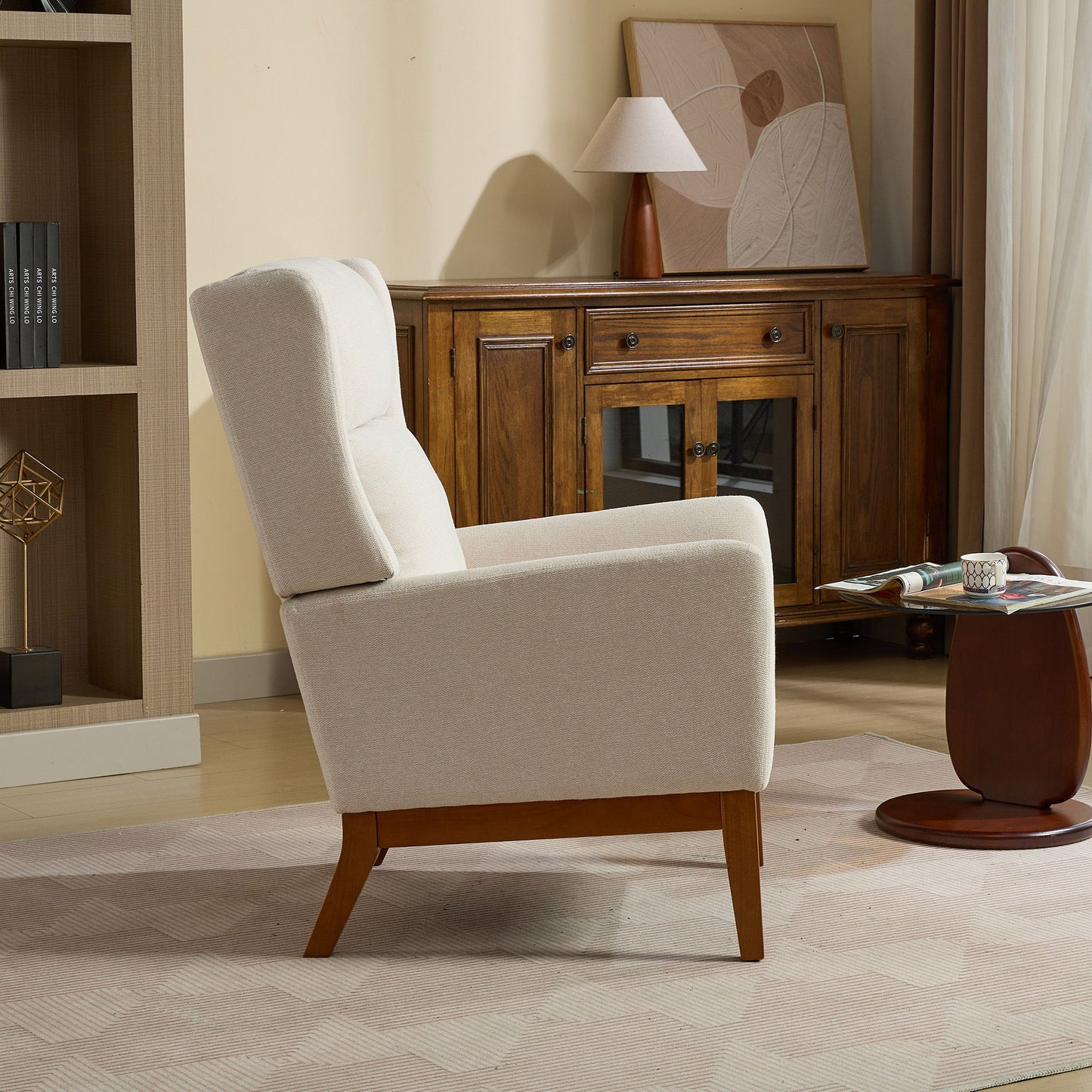 Wide Modern Accent Chair, Polyester Blend High Back Reading Chair, Upholstered Armchair Club Chair, Single Sofa With Wood Legs For Living Room, Reading Room, Office - Beige