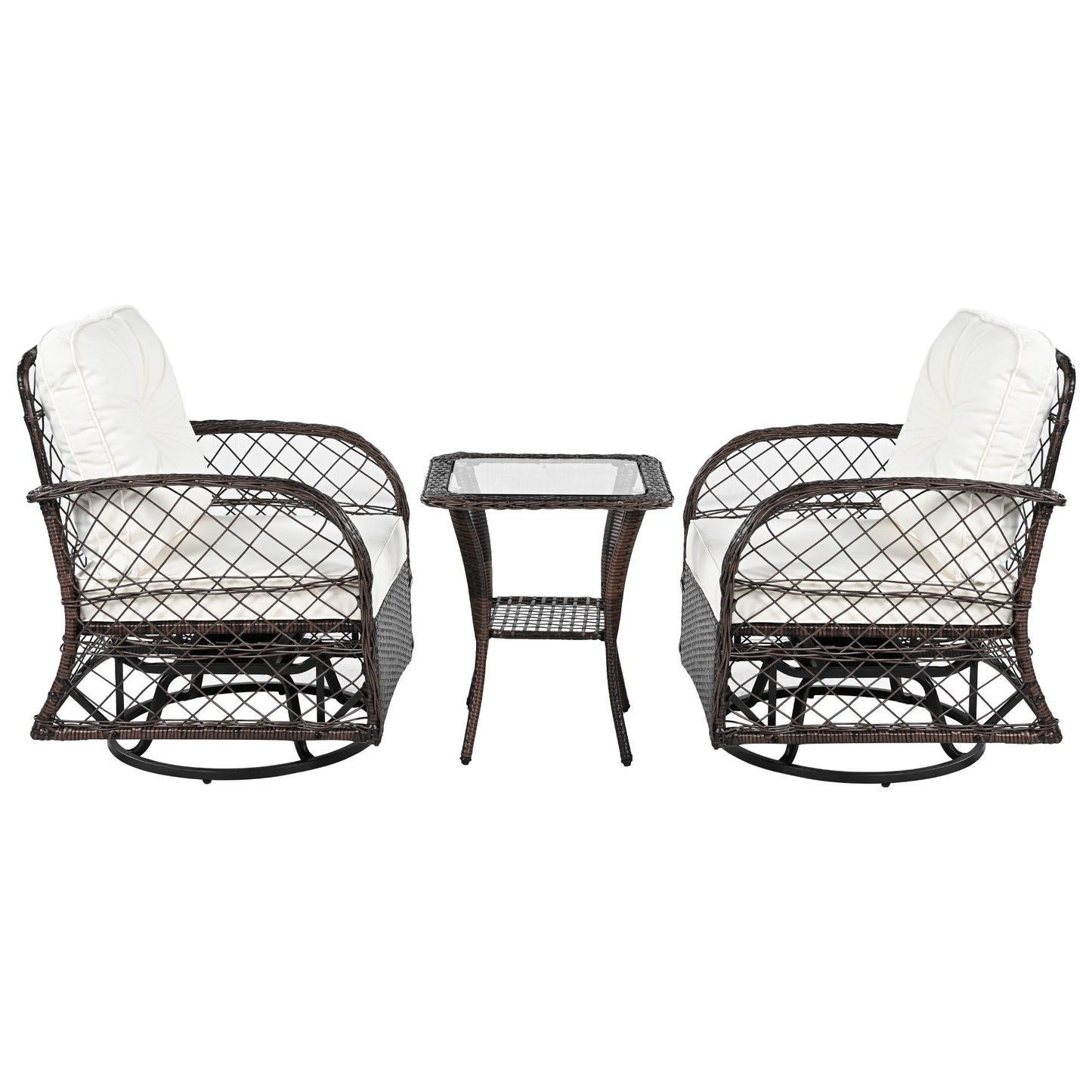3 Piece Outdoor Chair & Table Set Chat Set 2 Person Rattan Seating Group With 2 Swiveling And Rocking Chairs And A Square Table For Garden, Patio, Or Balcony - Brown