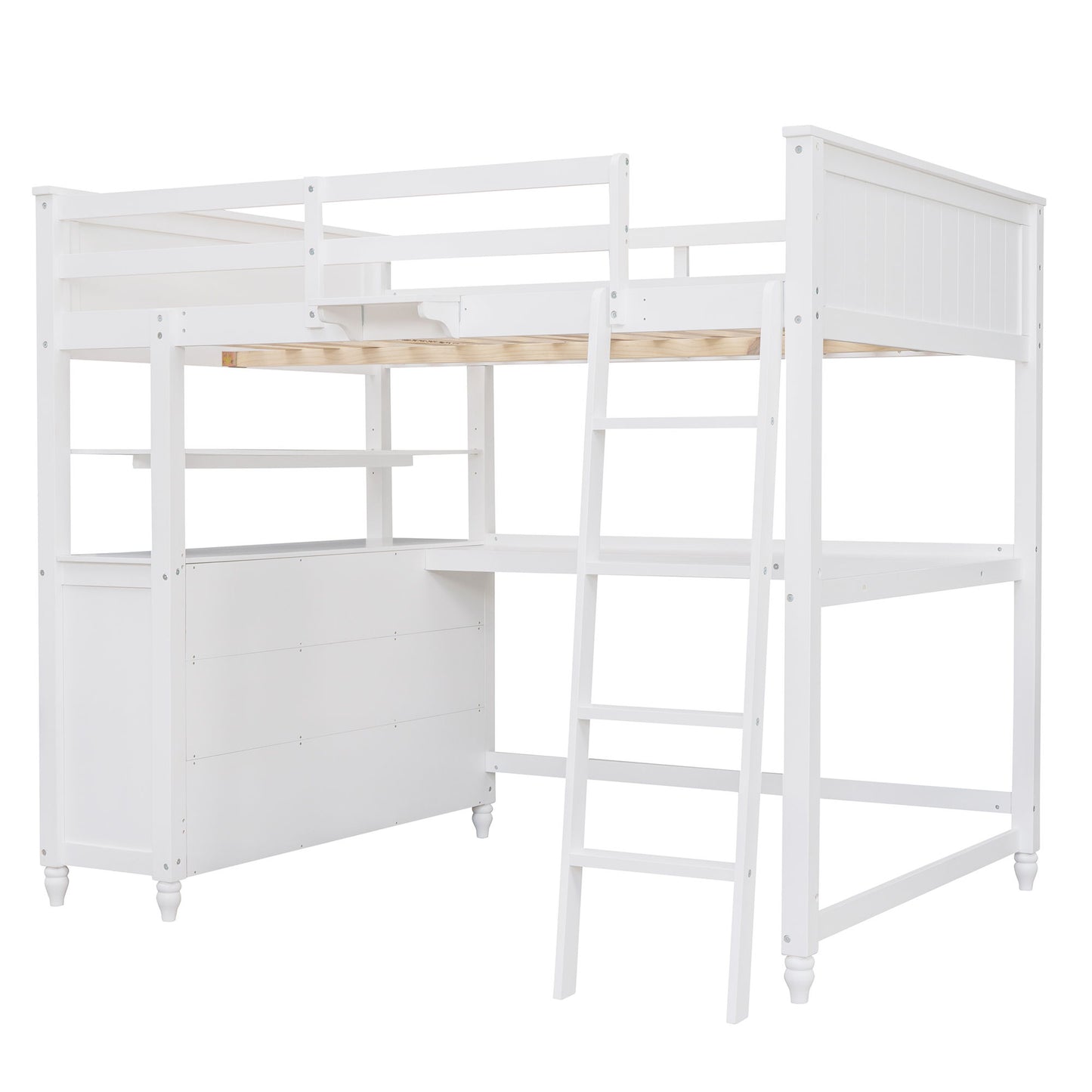 Full Size Loft Bed With Drawers And Desk With Shelves - White