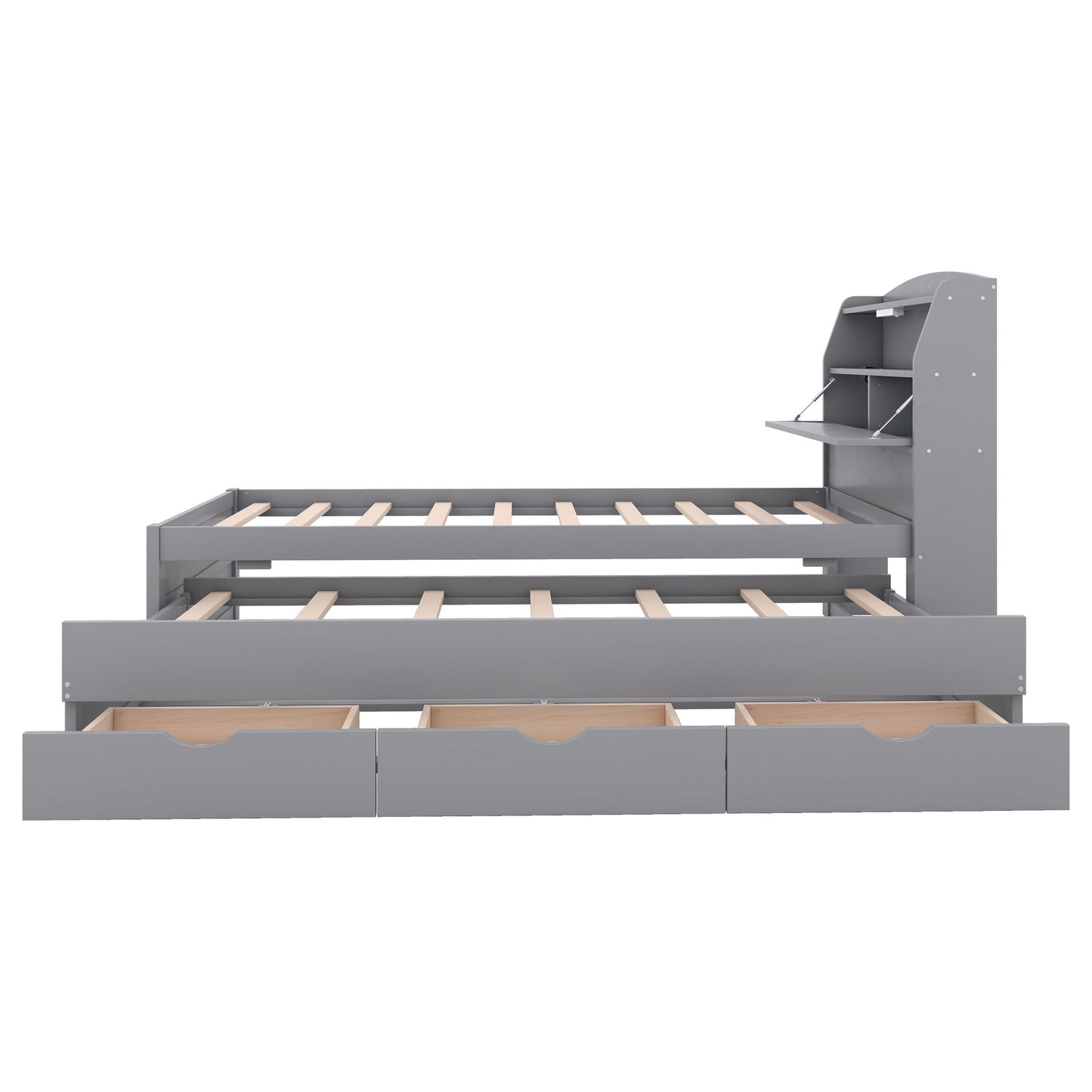 Twin Size LED Platform Bed With Trundle With Storage Headboard With Drawers - Gray
