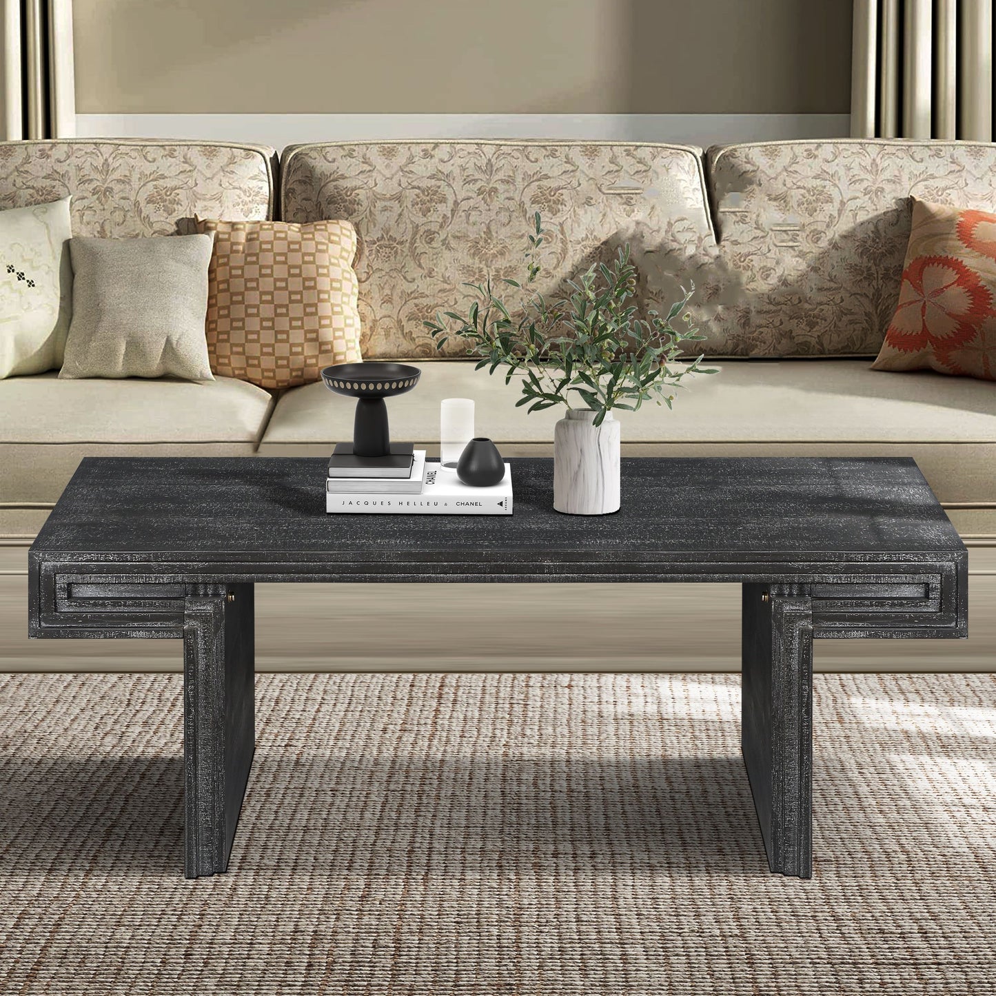 American Vintage Industrial Coffee Table, Premium Reclaimed Wood Texture, Double Tier Structure - Antique Black