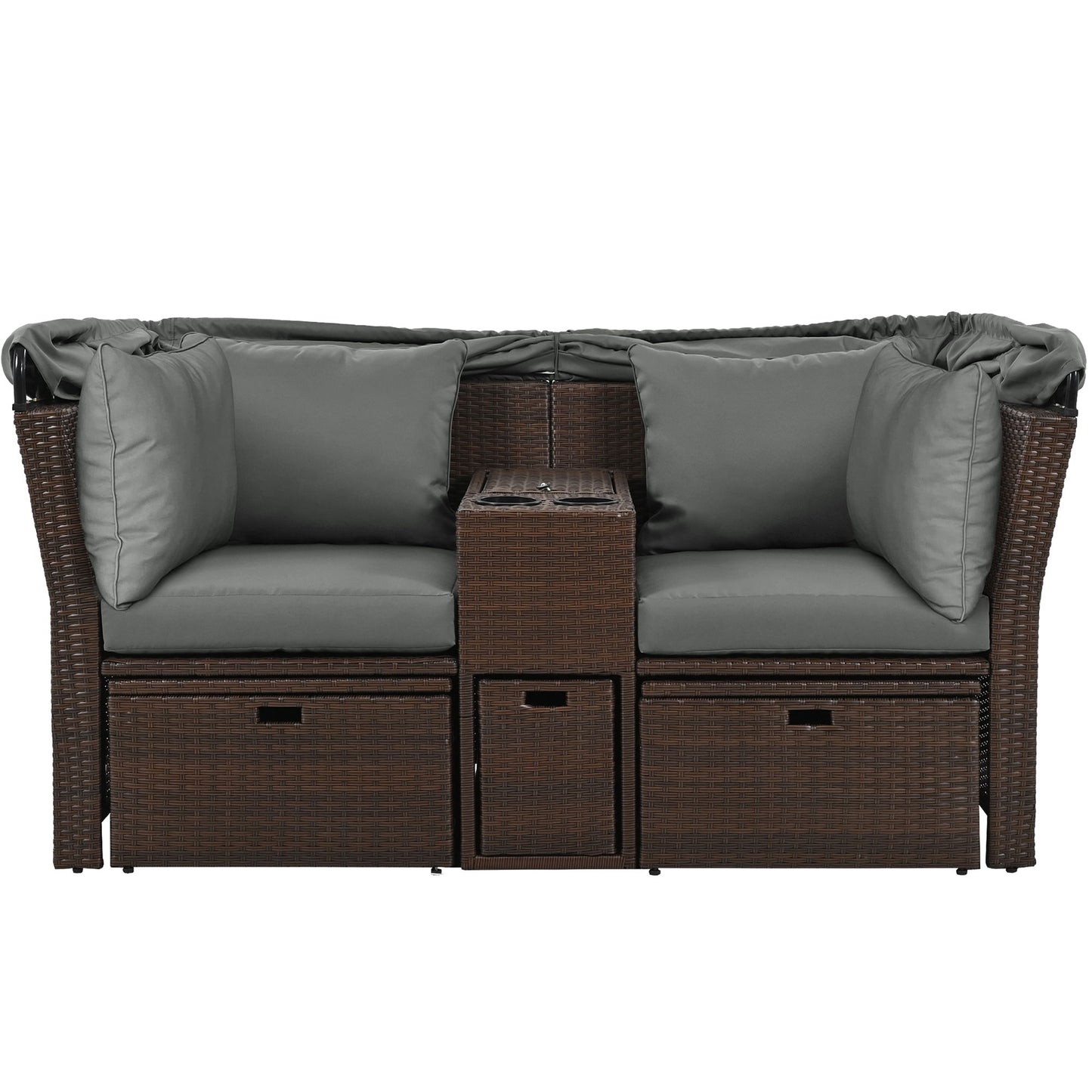 2 Seater Outdoor Patio Daybed Outdoor Double Daybed Outdoor Loveseat Sofa Set With Foldable Awning And Cushions For Garden, Balcony, Poolside - Gray