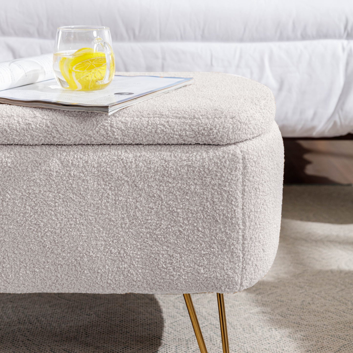Storage Ottoman Bench For End Of Bed Gold Legs, Modern Ivory White Faux Fur Entryway Bench Upholstered Padded With Storage For Living Room Bedroom - Ivory