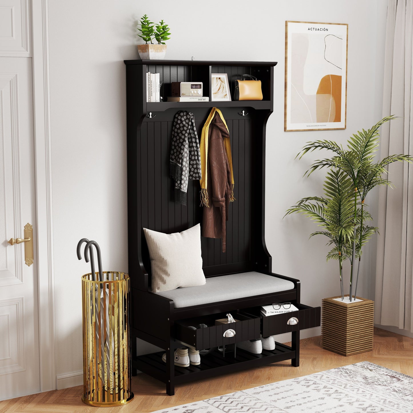 3 In 1 Wooden Hallway Hall Tree With Storage Drawers, Coat Rack, Shoe Rack Bench, And Cushion - Amber Graphite / Black