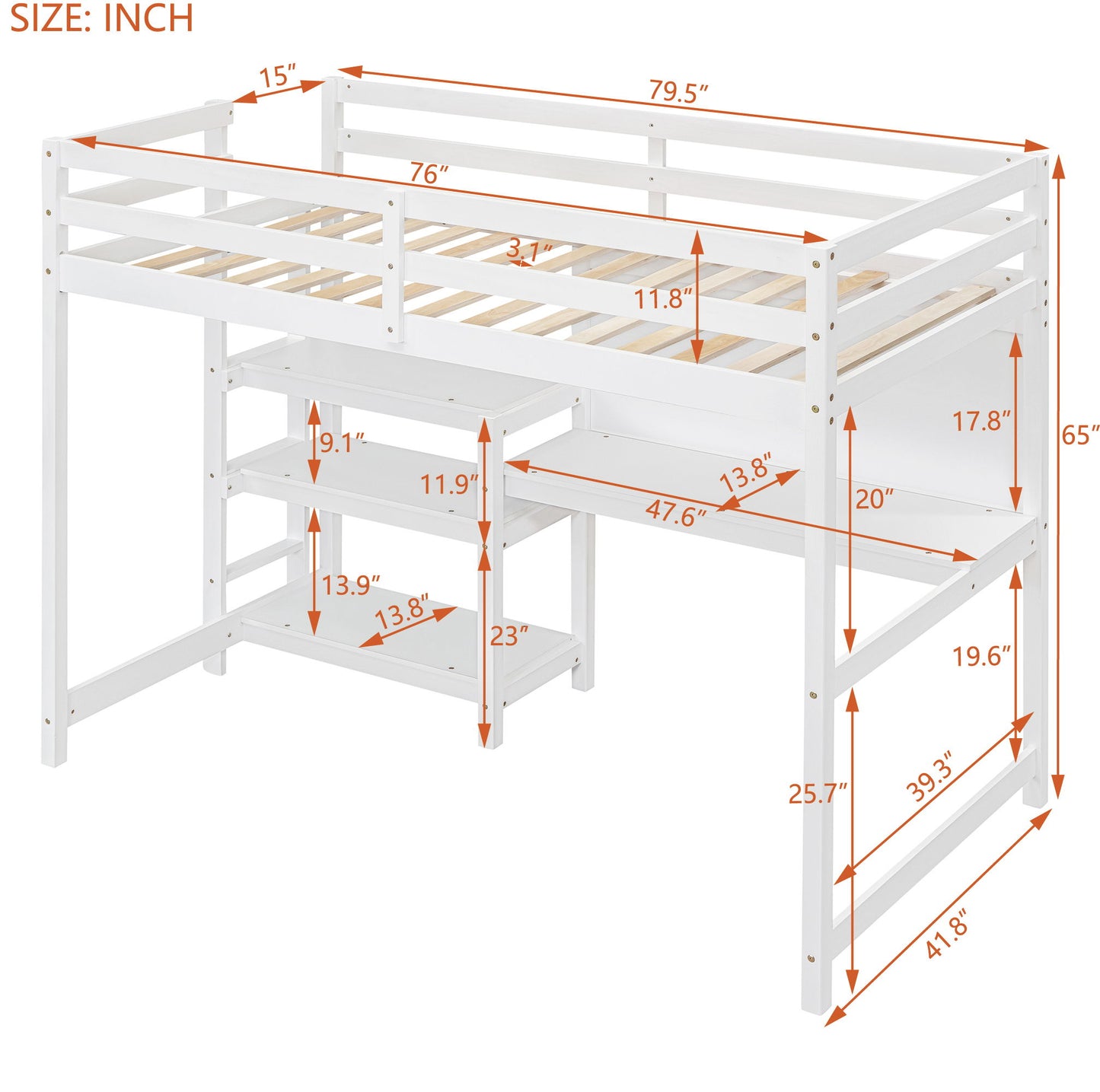 Twin Size Loft Bed With Shelves, Desk And Writing Board - White