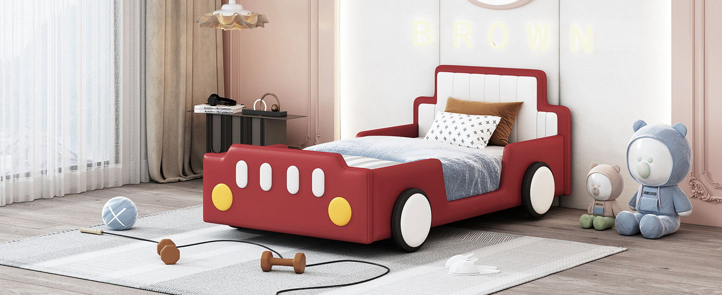 Twin Size Race Car Shaped Platform Bed & Wheels - Red