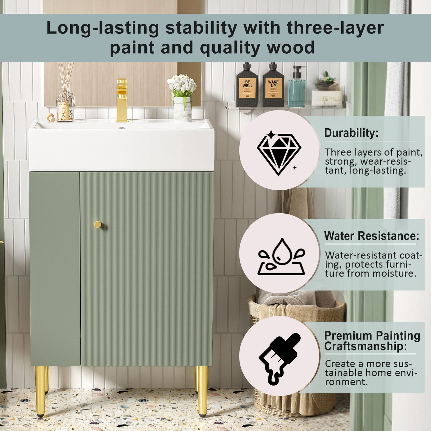 Bathroom Vanity, Combo Cabinet, Bathroom Storage Cabinet, Single Ceramic Sink, Left Side Storage - Green