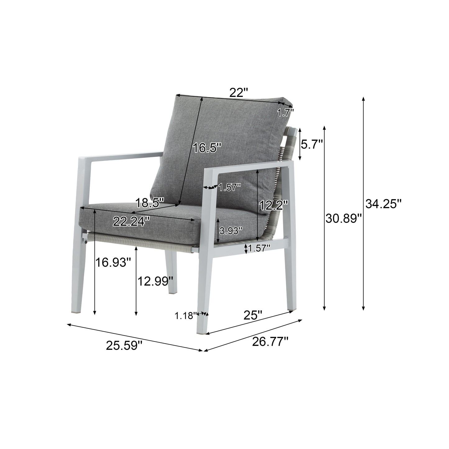 Aluminum Lounge Chair With Sleek Rope Accents, Comfortable Cushions, For Modern Indoor Outdoor Spaces - Gray / Silver / White