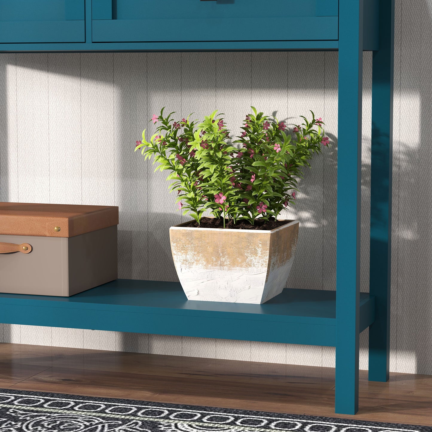 Farmhouse Style Console Table With 2 Drawers And Bottom Storage Shelf, Pagoda - Blue